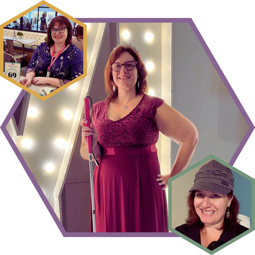 Melissa Whitney in a burgundy dress with glasses and earrings, holding a cane, standing in front of a wall with lights. Two smaller inset photos of her sitting at a restaurant, wearing different outfits and smiling.