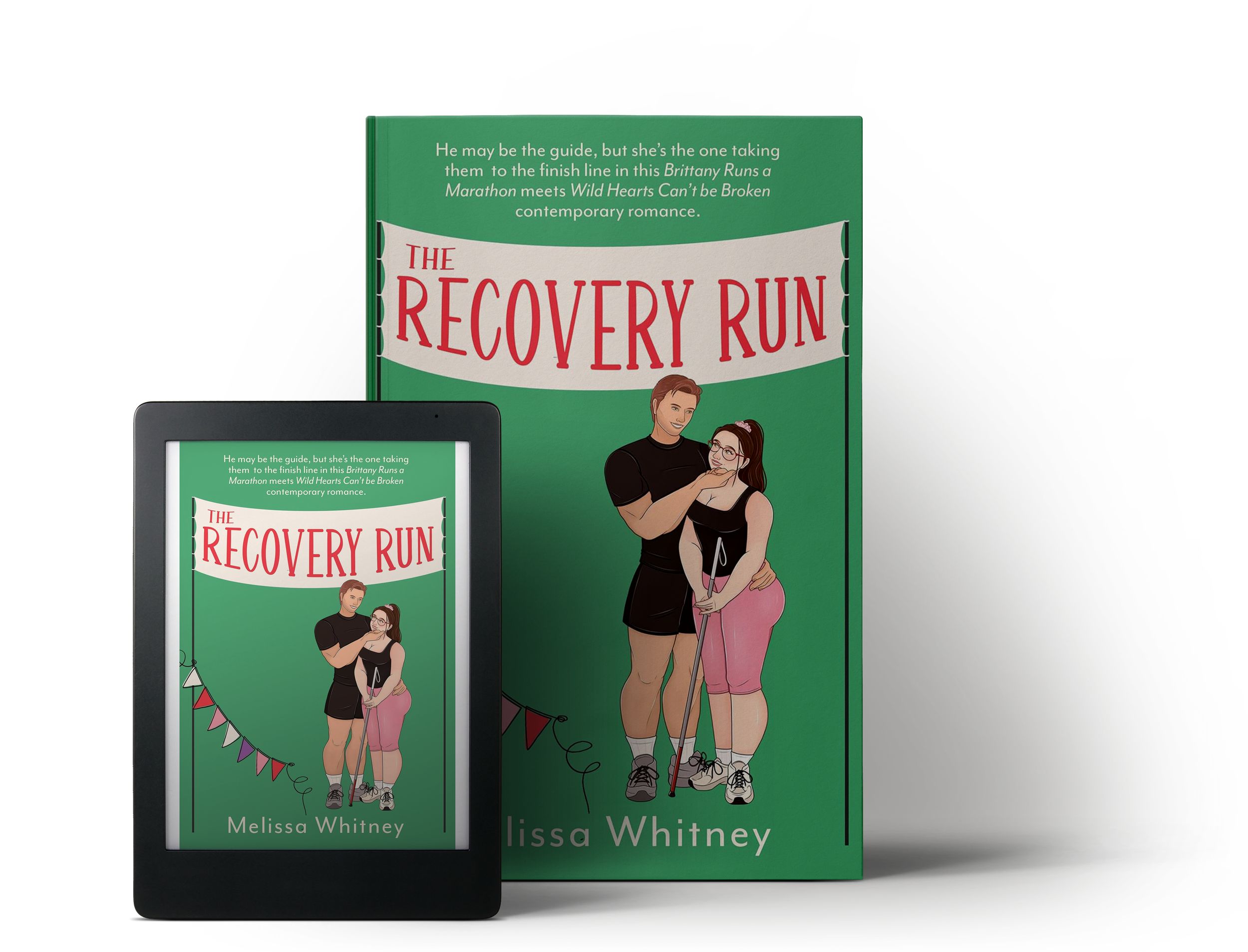 A physical and digital copy of a book titled "The Recovery Run" by Melissa Whitney. The cover features an illustrated man and woman in athletic clothing, with a green background and red text.