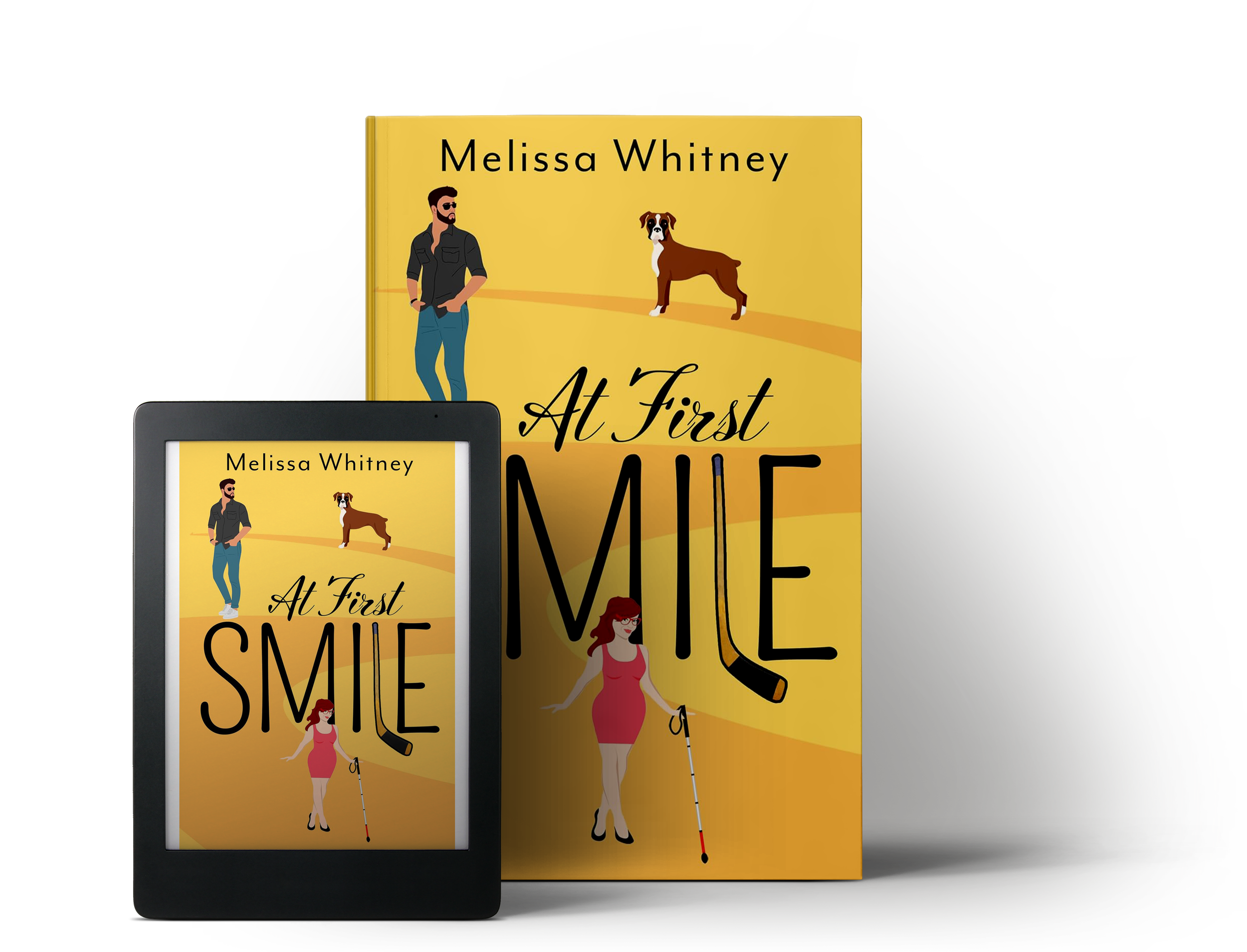 A physical and digital copy of the book "At First Smile" by Melissa Whitney, featuring an illustrated man with sunglasses, a dog, and a woman with a cane on a yellow background.