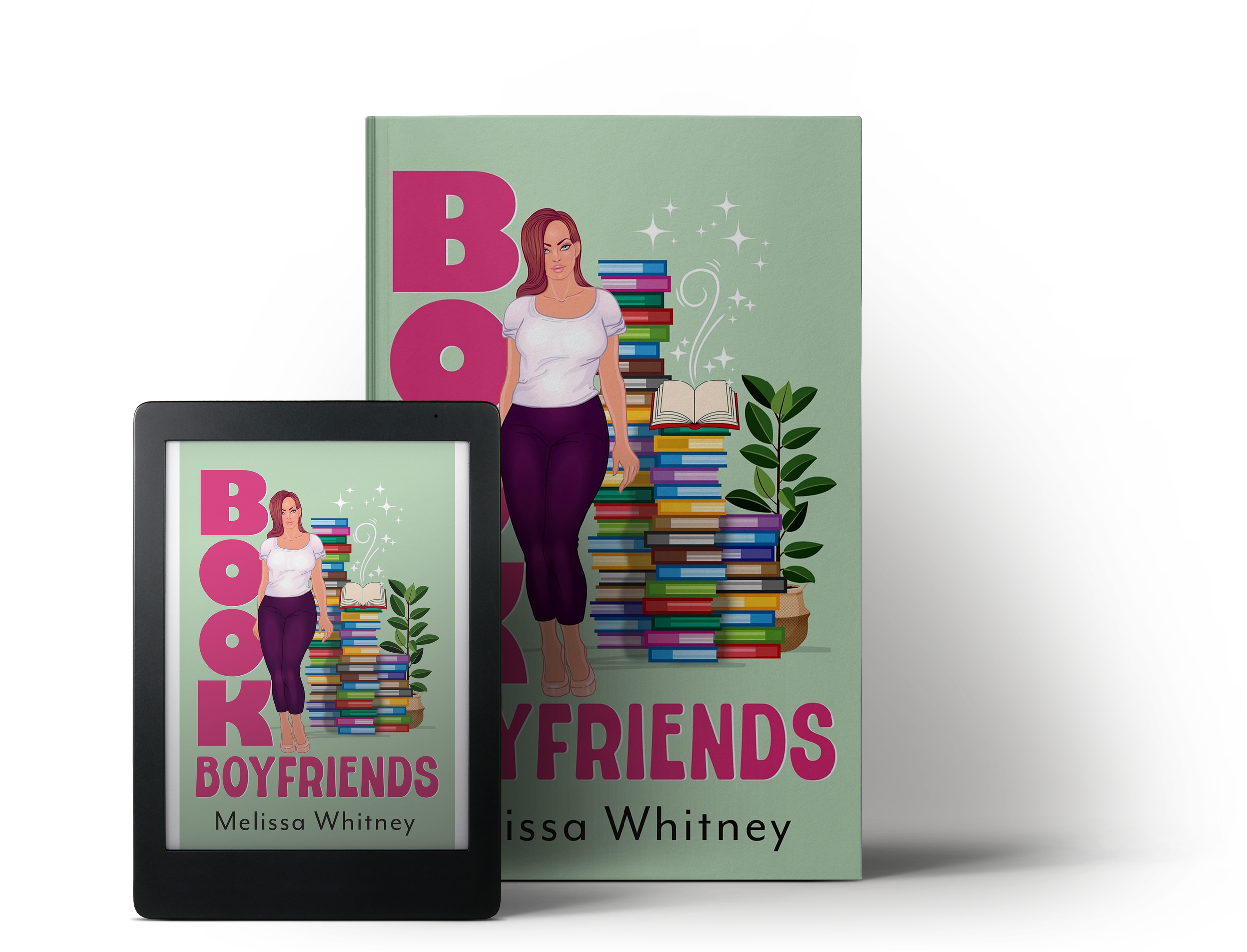 A physical and digital copy of a book titled 'Book Boyfriends' by Melissa Whitney, featuring an illustration of a woman standing next to a tall stack of books and a potted plant on a pale green background with bright pink text.