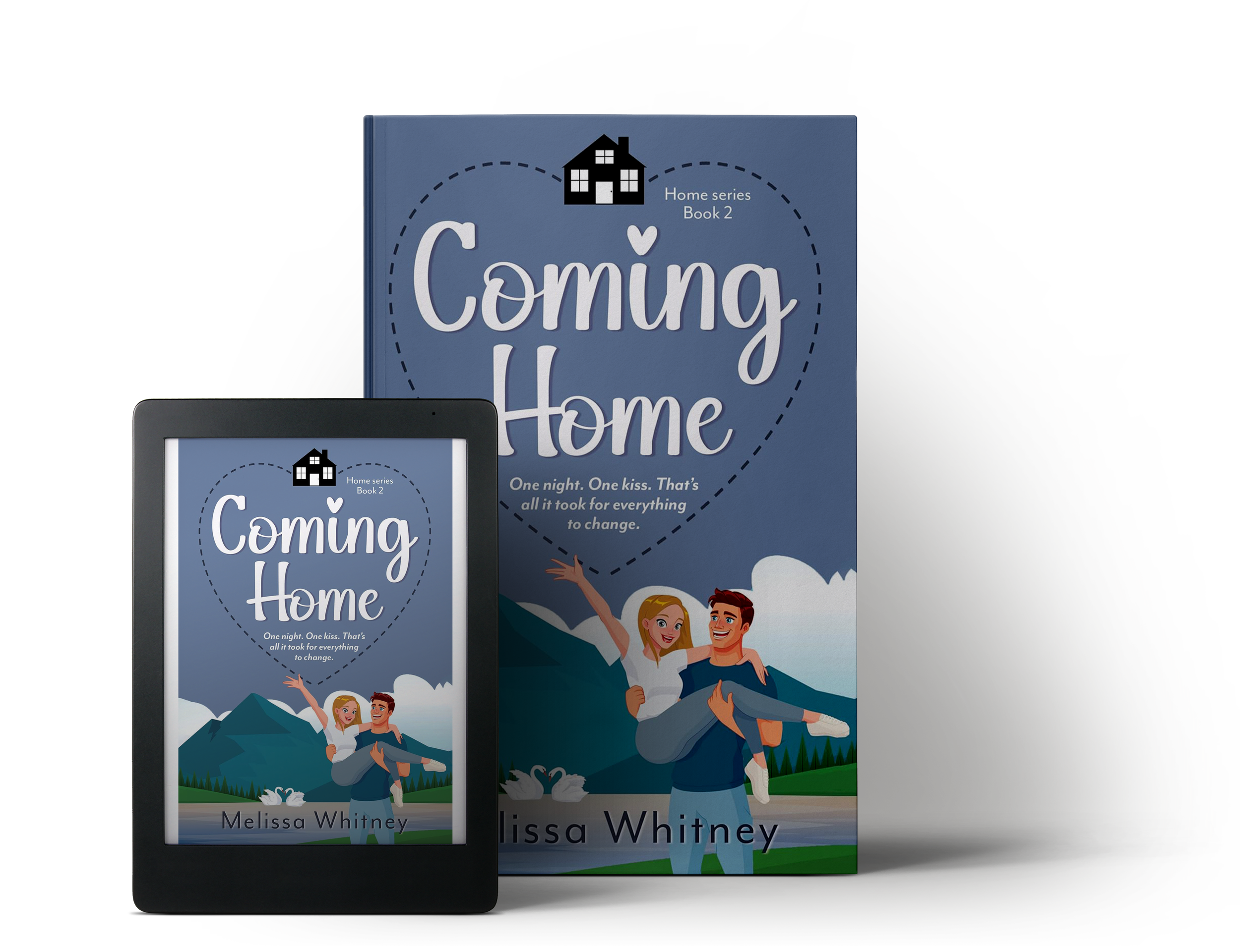 A physical and digital copy of the book 'Coming Home' by Melissa Whitney. The cover features an illustration of a couple, a mountain landscape, and a lake with swans.