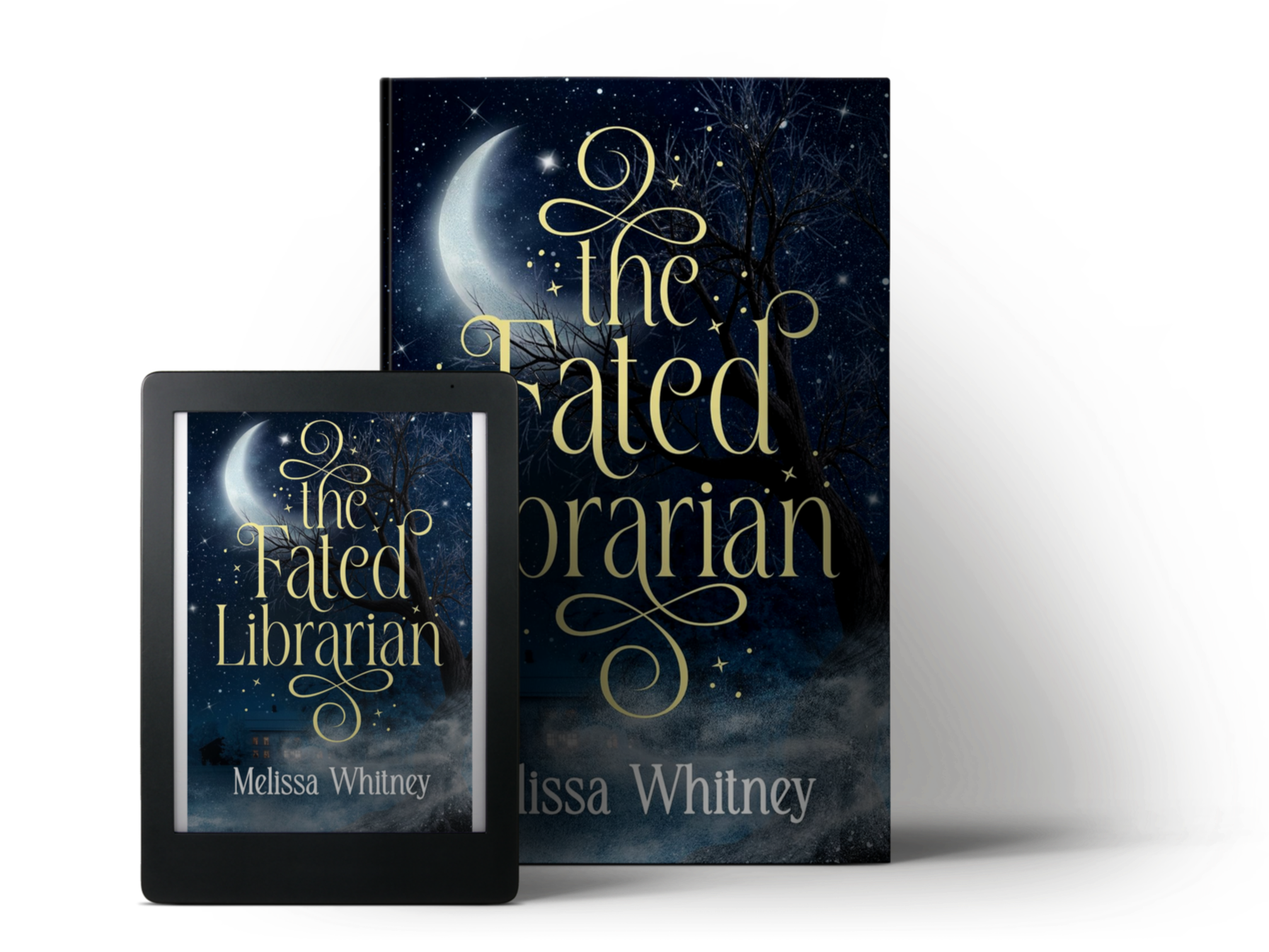 Cover of The Fated Librarian by Melissa Whitney. A blue background with a crescent moon and stars.