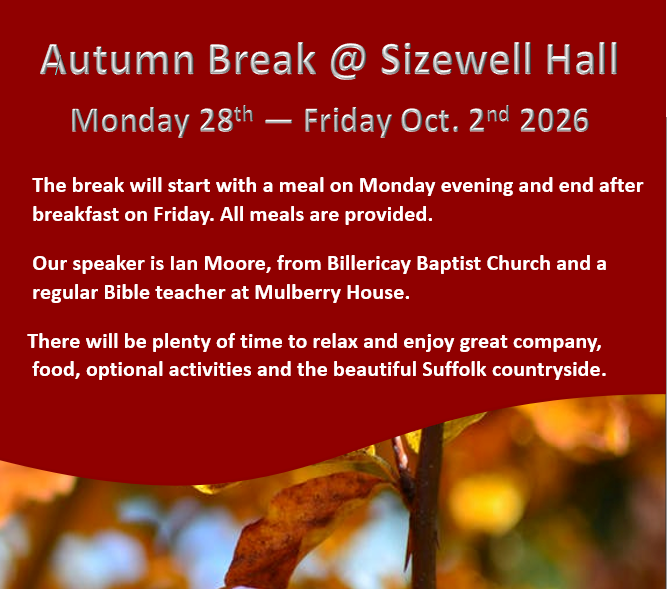 Information poster for Autumn Break at Sizewell Hall, scheduled from October 28 to October 2, 2026, featuring a red background with an autumn leaf at the bottom.
