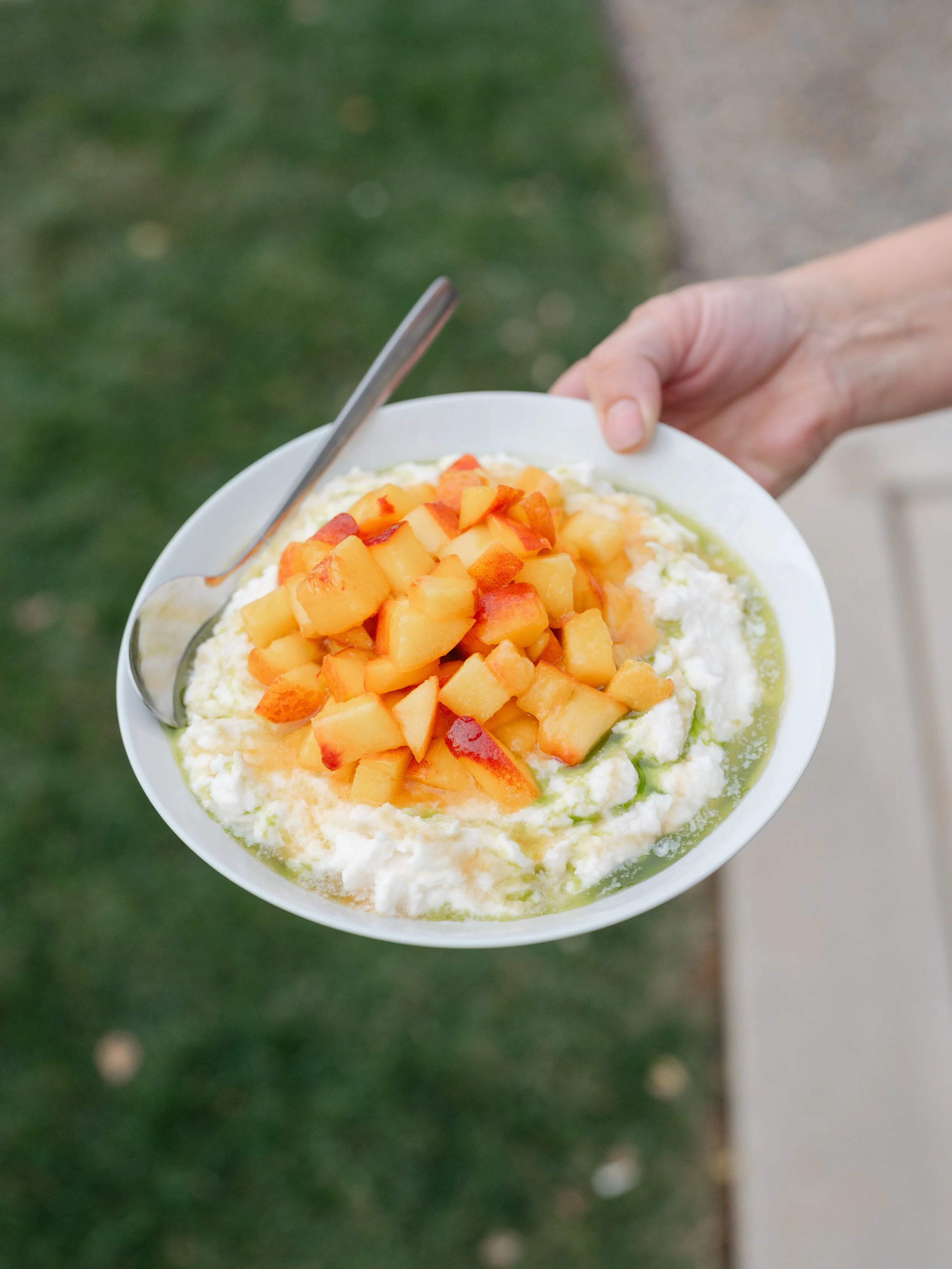 Whipped burrata with seasonal peach and chive oil
