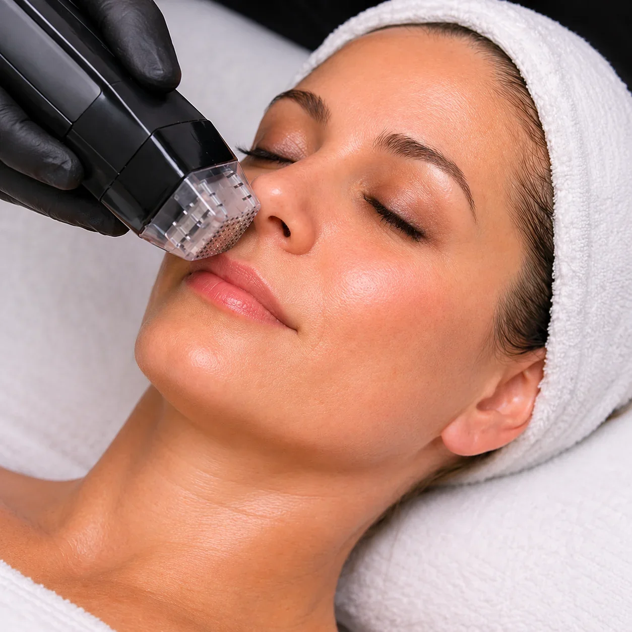 A woman lying down with eyes closed, receiving a facial treatment with a handheld device in a spa or skincare clinic.