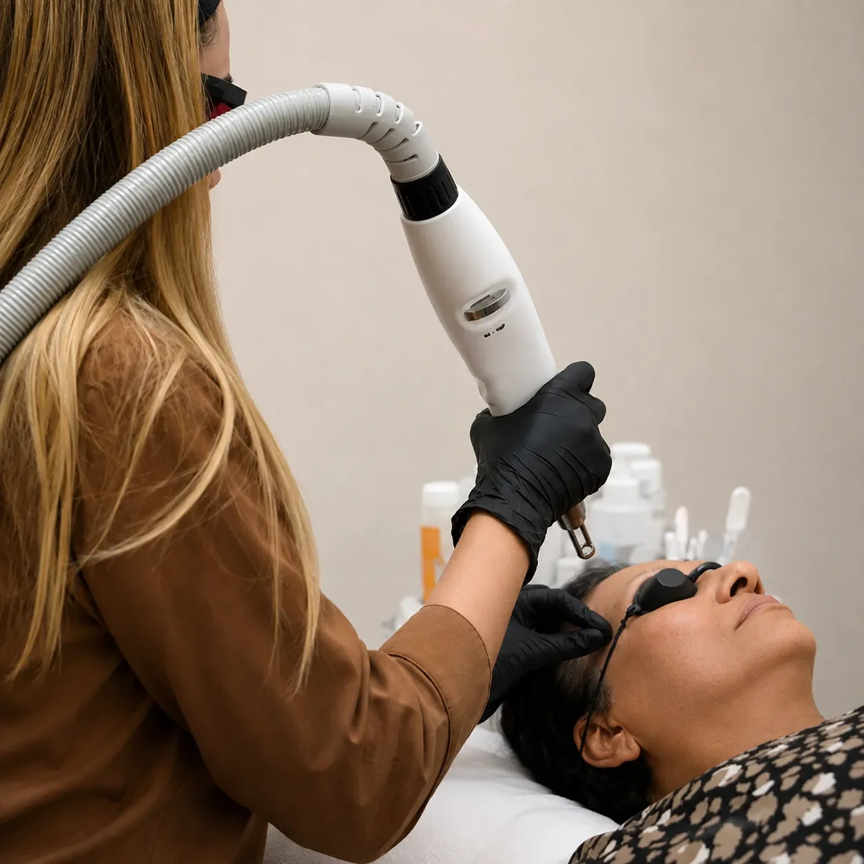 Client receiving a laser treatment while wearing protective eyewear.