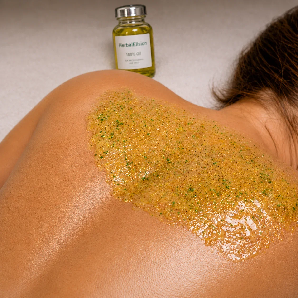 A person receiving a body scrub treatment with a mixture of oil and herbs on their back, with a bottle of herbal elixir in the background.