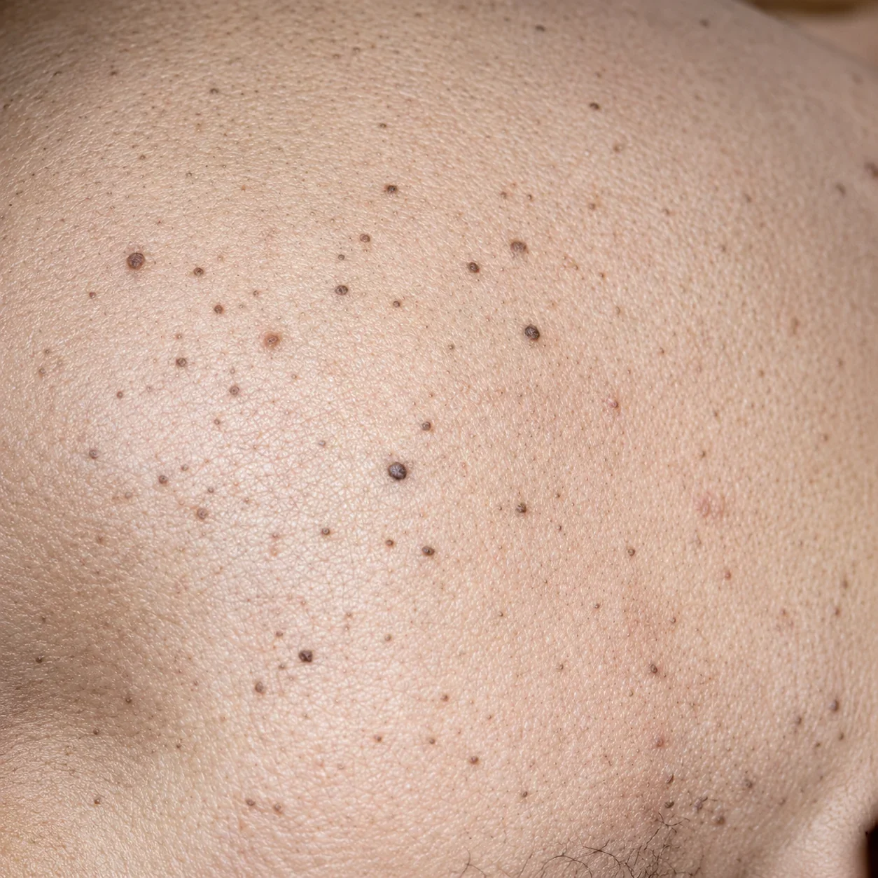 Close-up of skin with multiple small dark spots.