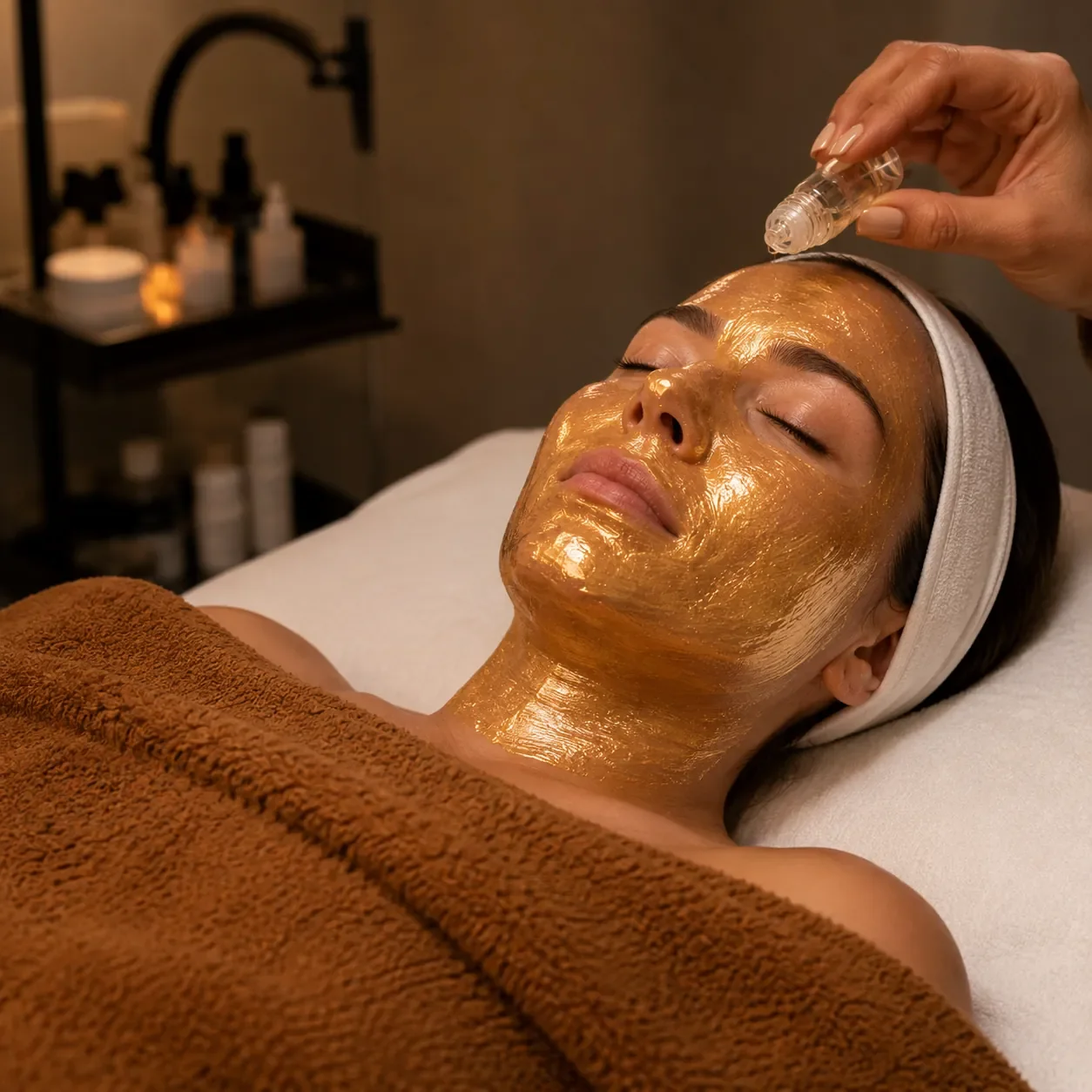 Client receiving a facial mask treatment with gold-colored product.