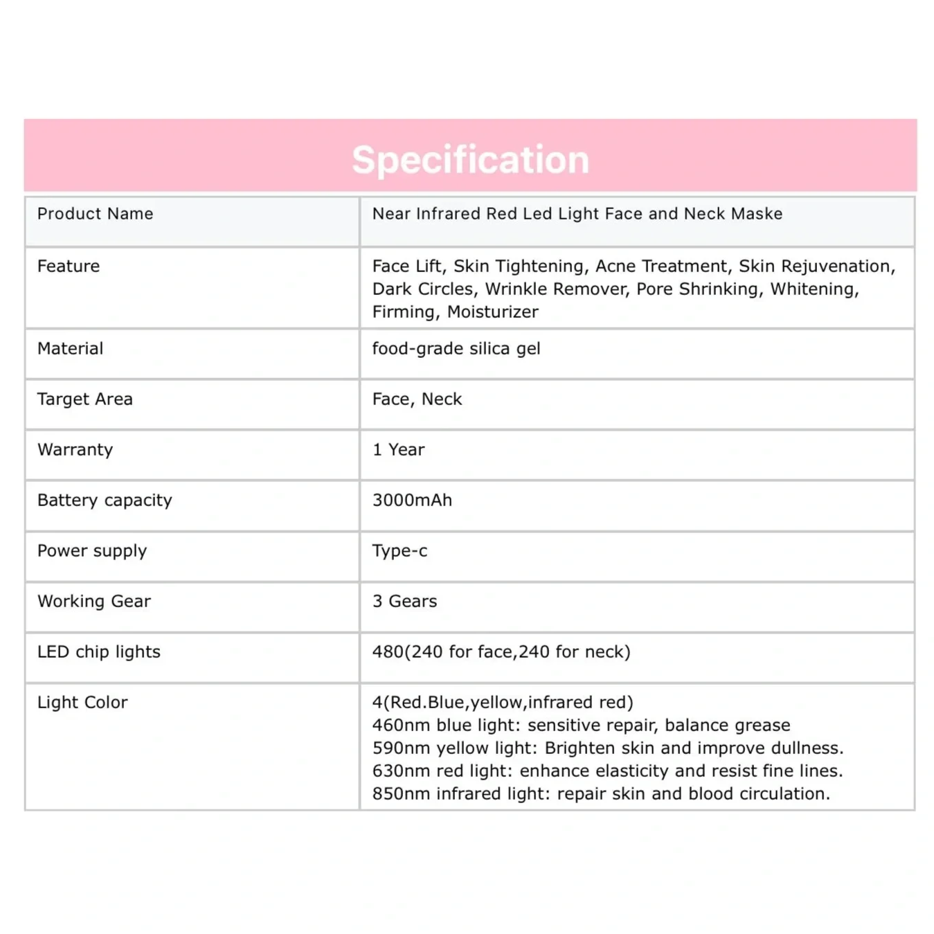 HG Facialist Silicone LED Light Mask specification
