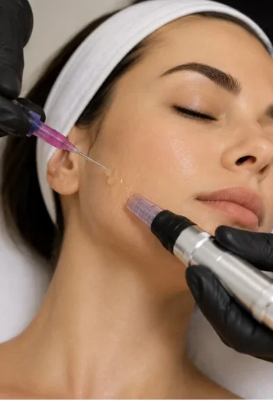 A woman receiving cosmetic treatment with a syringe and a needle near her cheek, with a healthcare professional wearing black gloves administering the procedure.