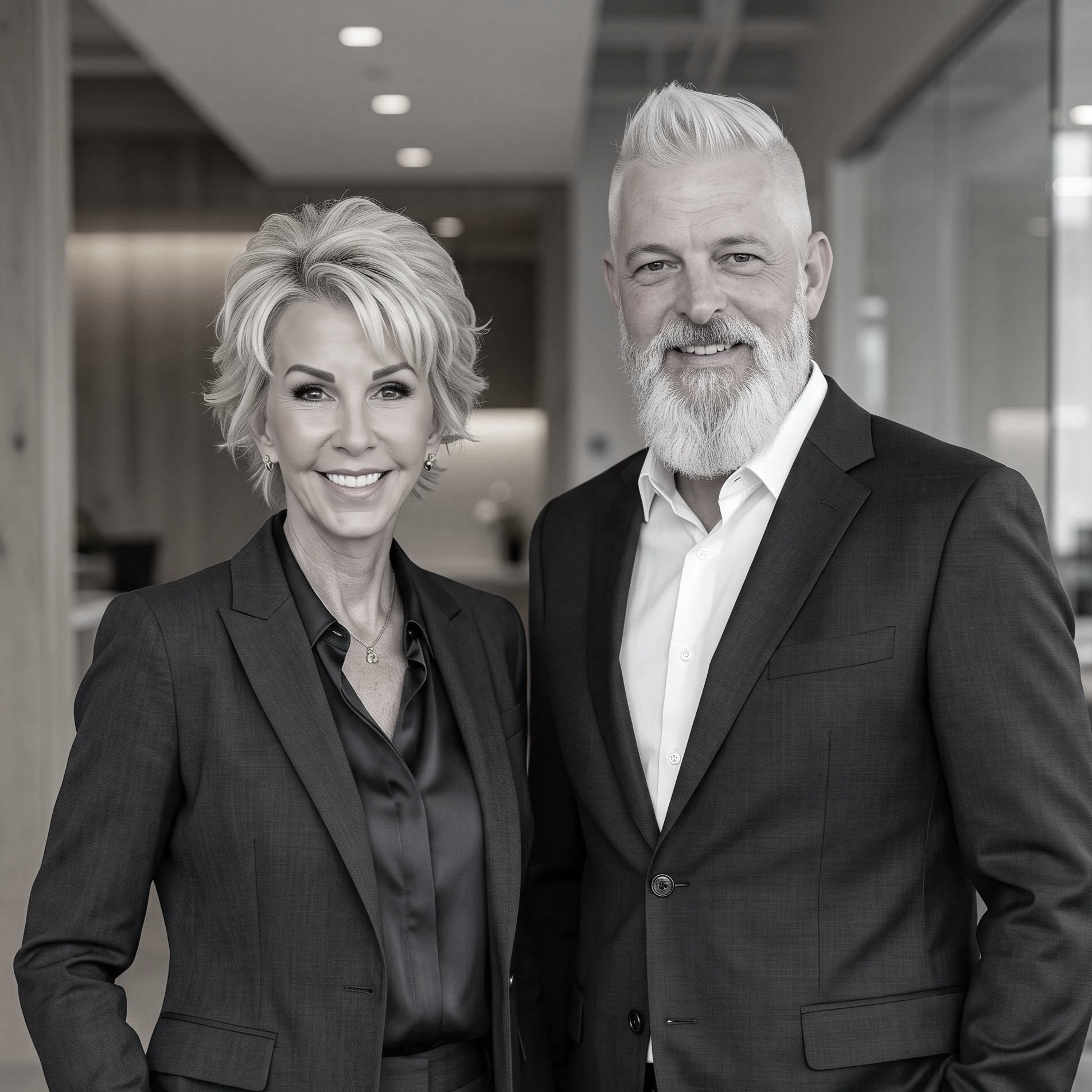 A black-and-white photo of two business professionals, a woman and a man, standing together in an office environment. The woman has short, styled hair and is smiling, wearing a dark suit with a blouse and jewelry. The man has a beard and styled hair, smiling, dressed in a dark suit with a white shirt underneath. They are both dressed formally and looking at the camera.