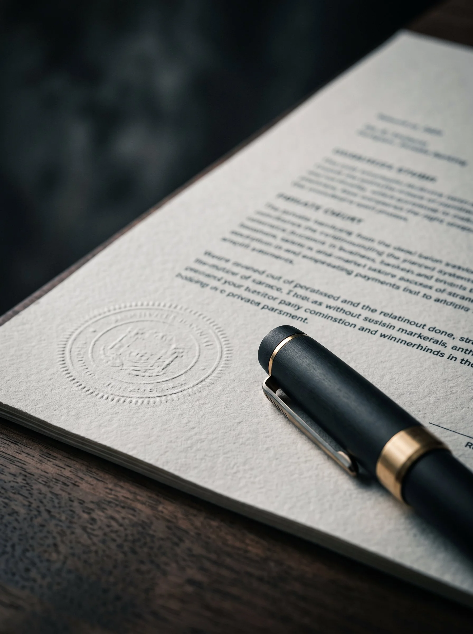 Close-up of a rolled-up document or certificate with embossed seal and blurred text, resting on a wooden surface. A black pen with gold accents is placed on the document.