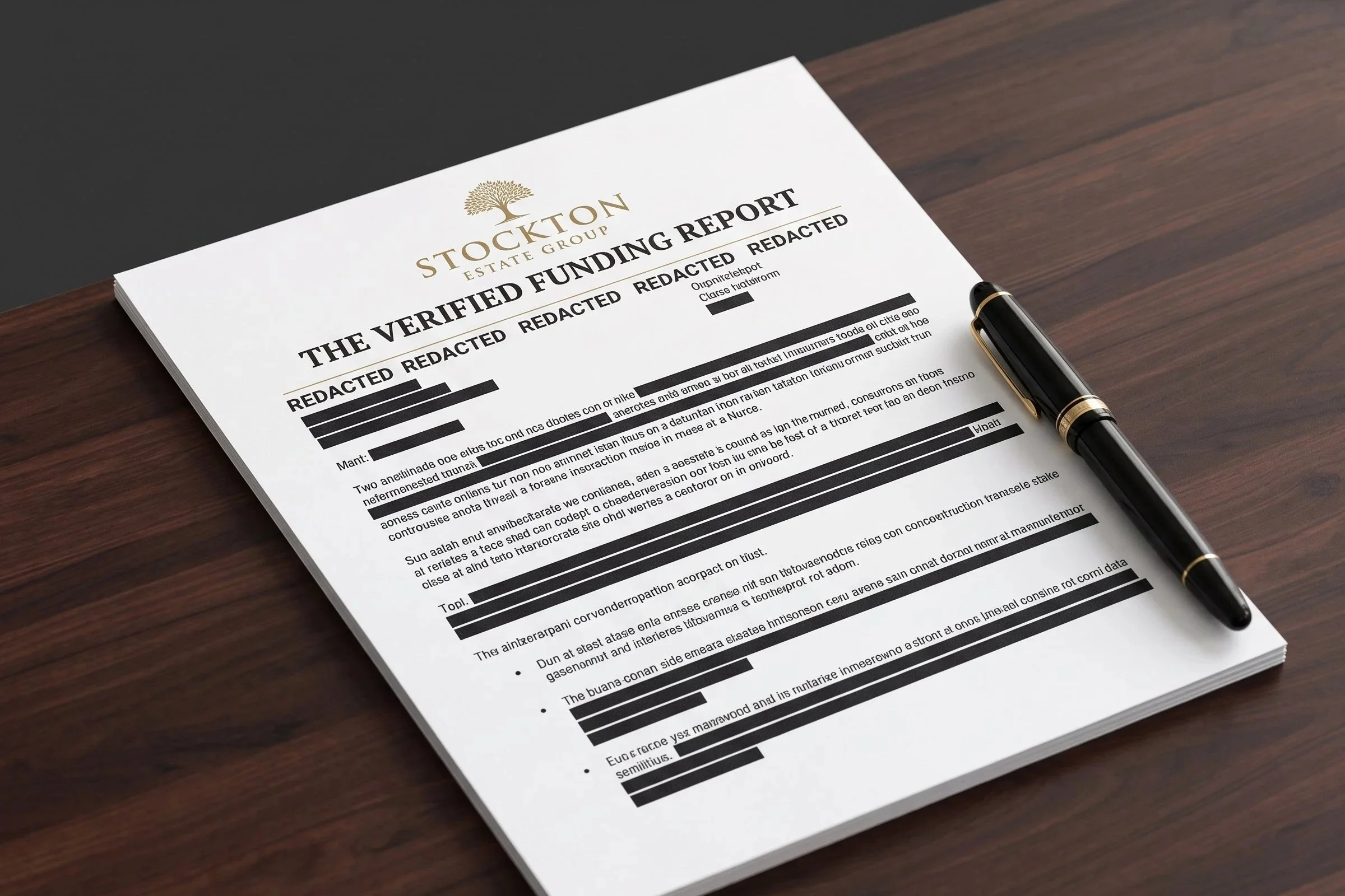 A printed document on a wooden desk with blacked-out sections, titled 'The Verified Funding Report' from 'Stockton Estate Group'. A black and gold fountain pen rests on the document.