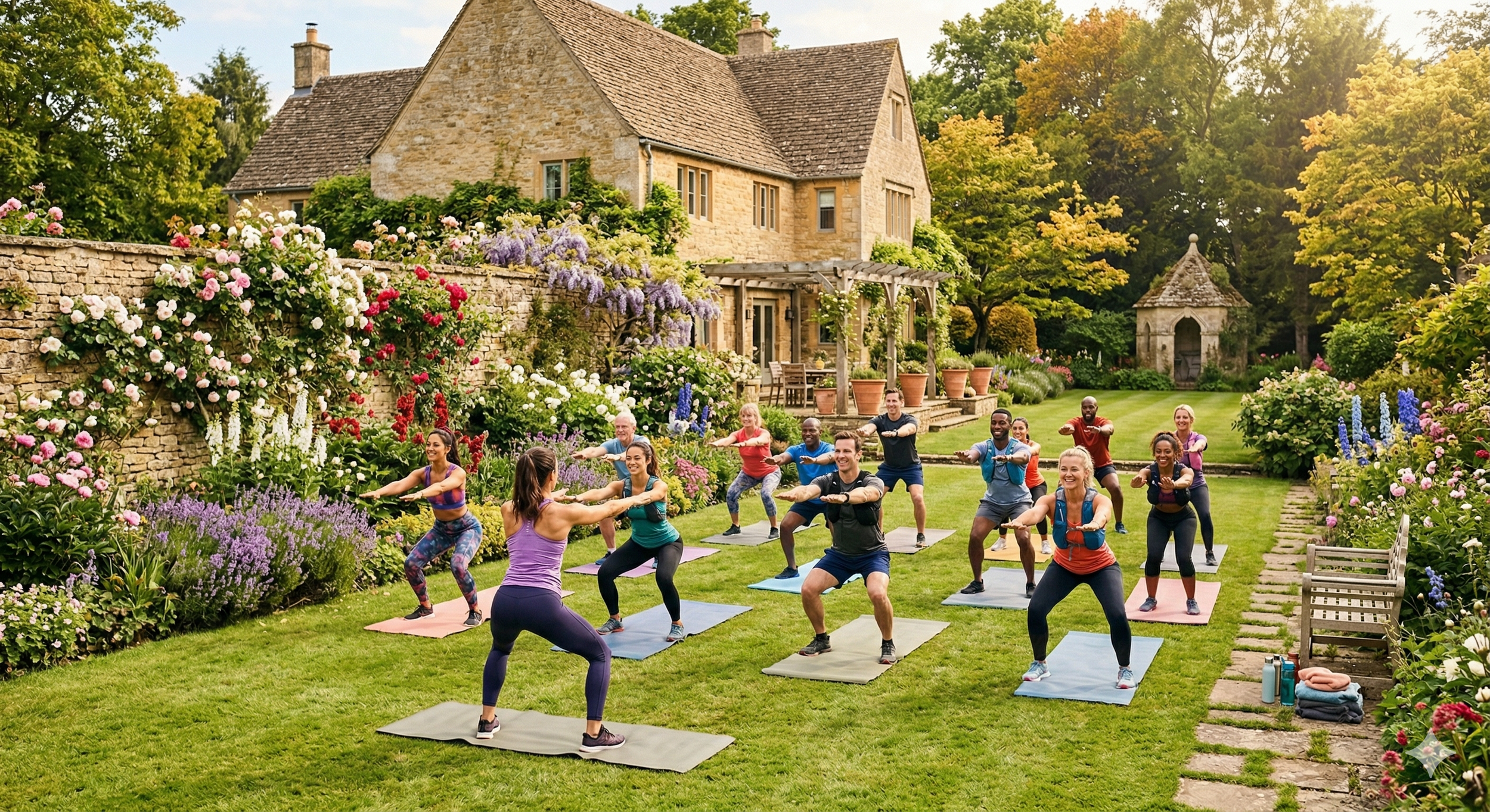 a group of people of mixed gender and race exercising in the grounds of a beautiful house. Looking happy, well and improving themselves.