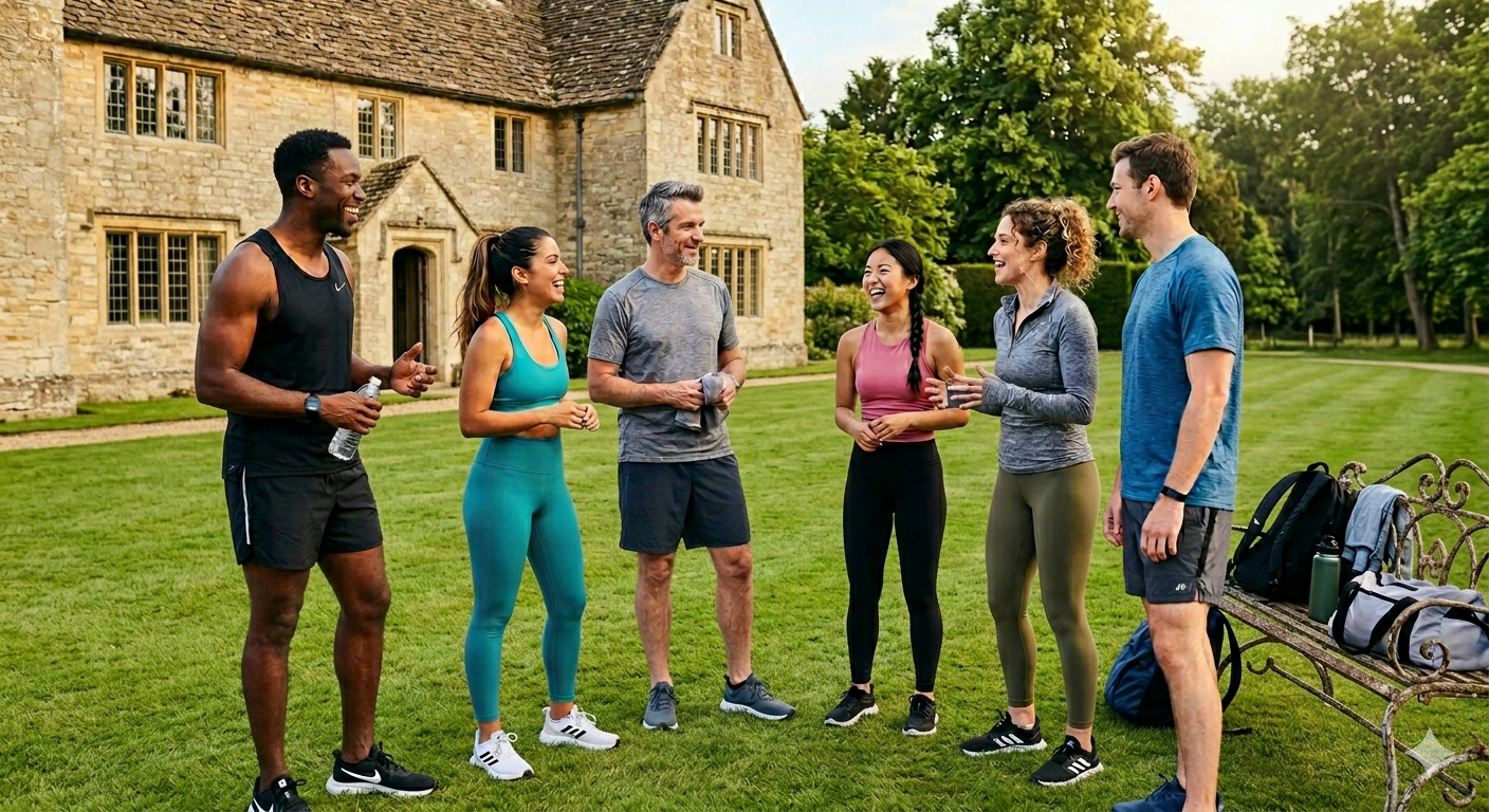 Six people stood outside a luxury accommodation in gym clothing in a beautiful garden, smiling and engaged in conversation post exercise class, with trees and wildlife in the background.
