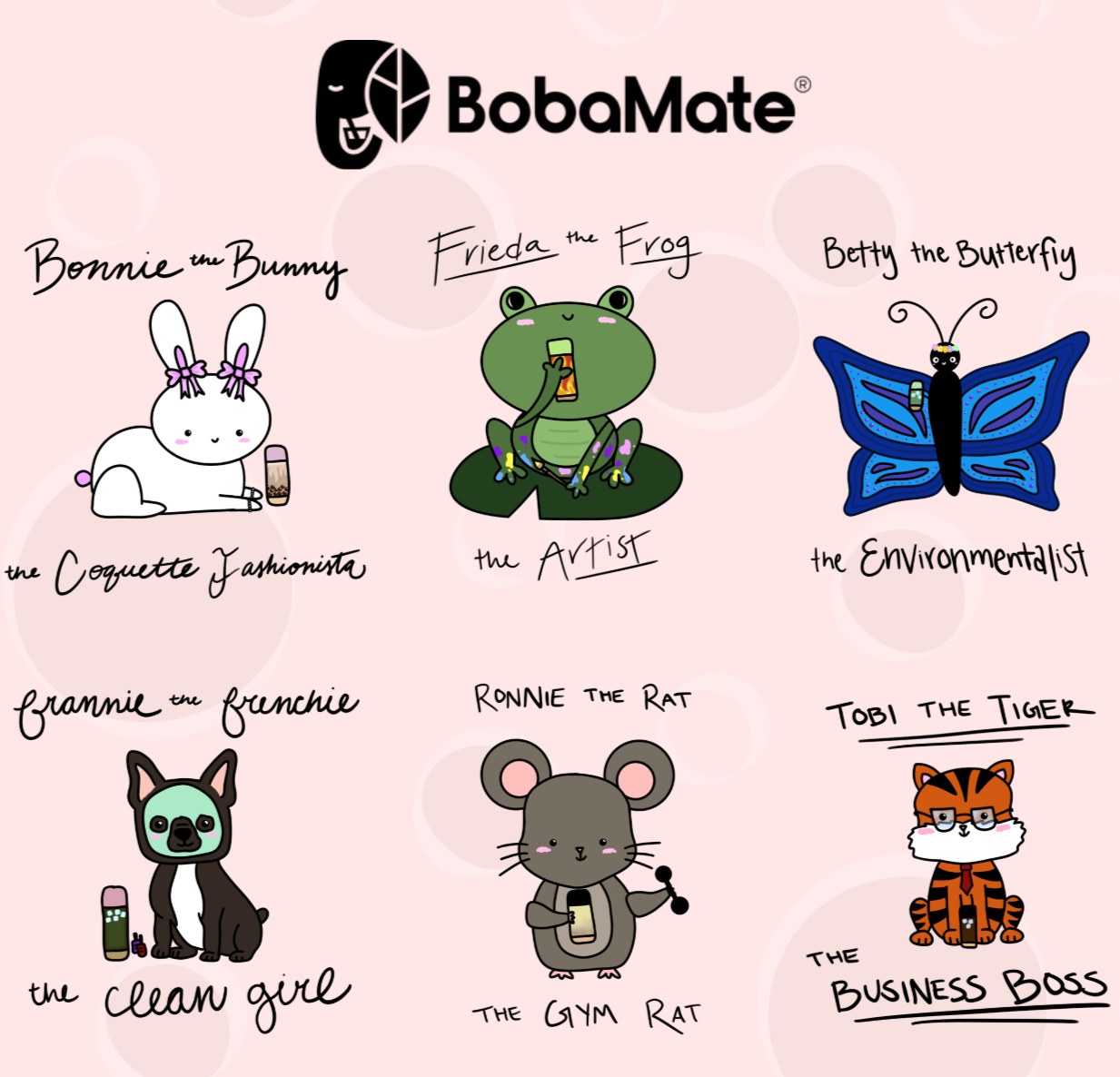 6 cartoon characters depicted of Bonnie the Bunny - the Coquette Fashionista, Frieda the Frog - the Artist, Betty the Butterfly - the Environmentalist