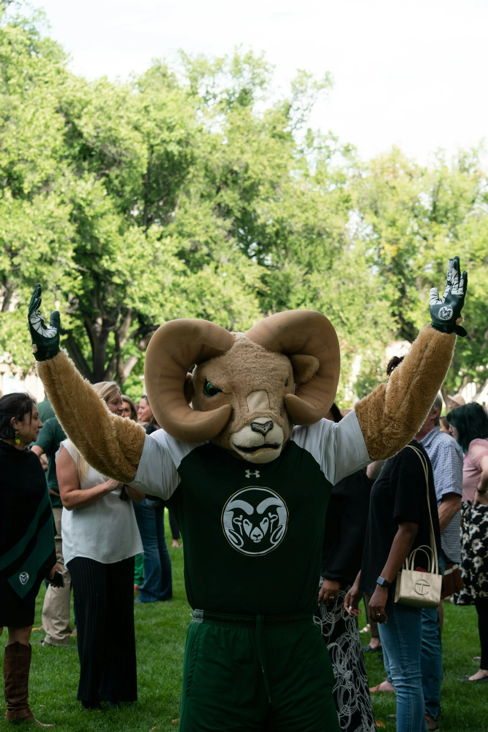 A person in a ram mascot costume with large curled horns, wearing a black sports shirt with a ram logo and green shorts, stands with arms raised in front of a crowd of people outdoors, with green trees in the background.
