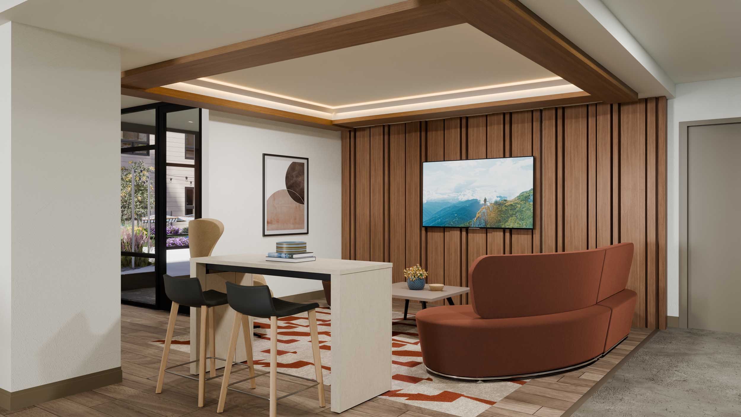 Study room with a wood-paneled accent wall, flat-screen TV, rust-colored curved sofa, wooden ceiling accents, white dining table, black and beige chairs, and a patterned area rug.