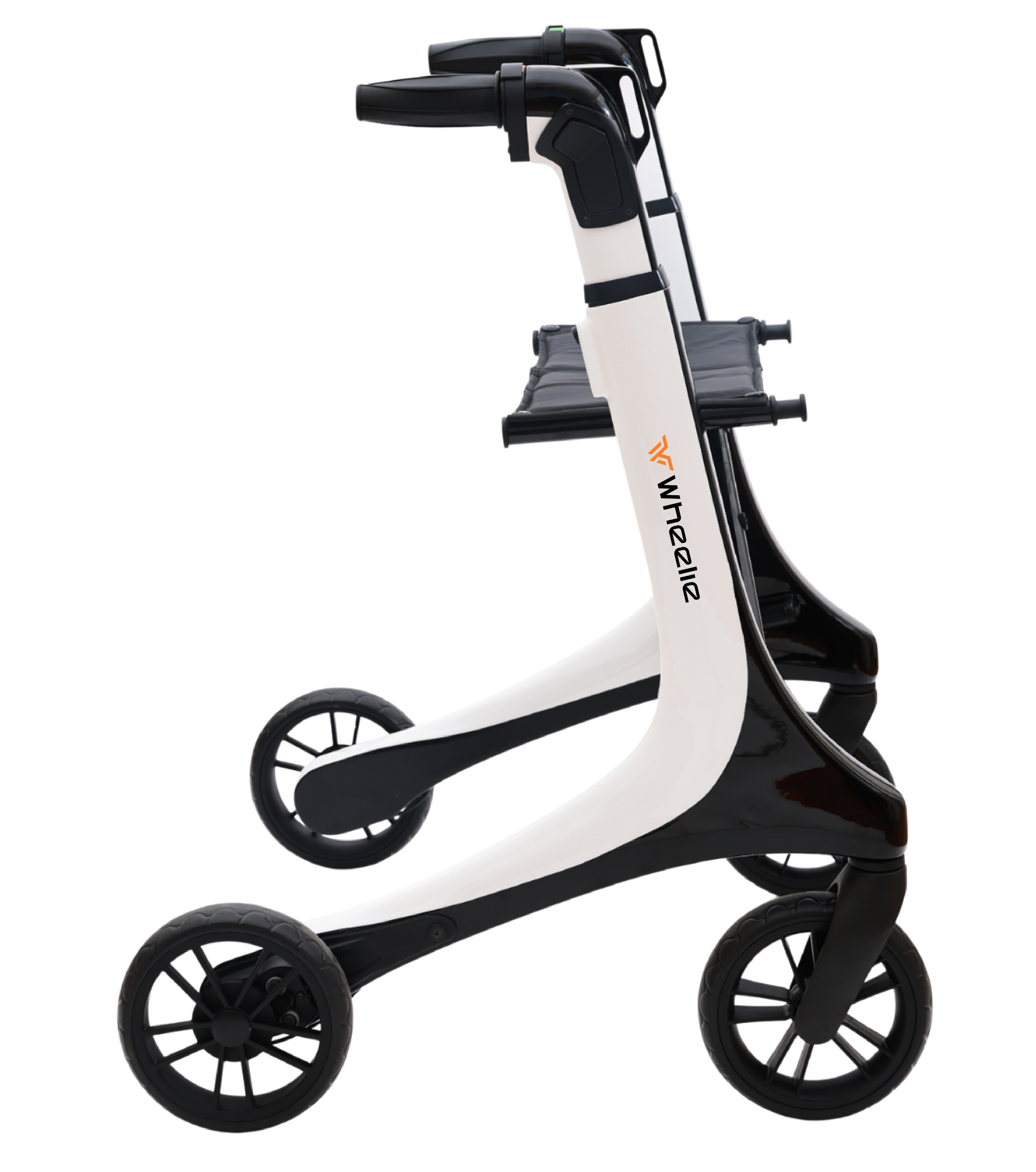 A futuristic electric wheelchair with a sleek white and black design, large black tires, and an elevated handlebar for control.