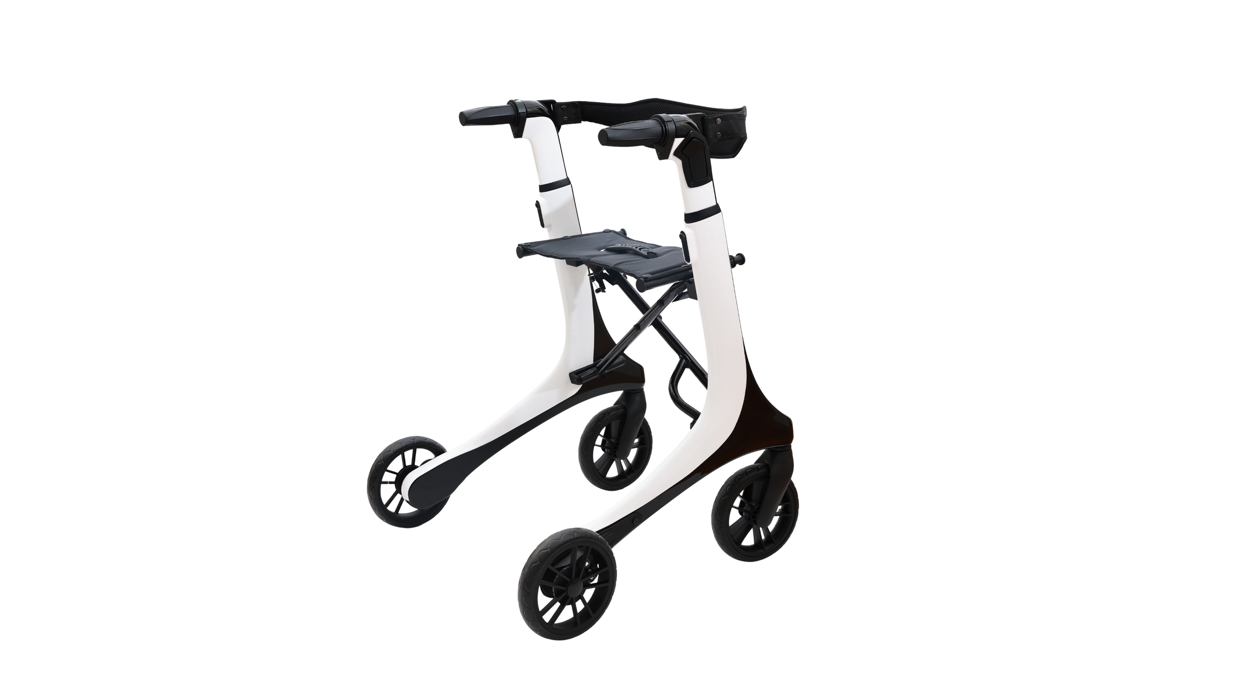 A modern, foldable, white and black electric mobility scooter with four wheels, a handlebar, and a padded seat against a black background.