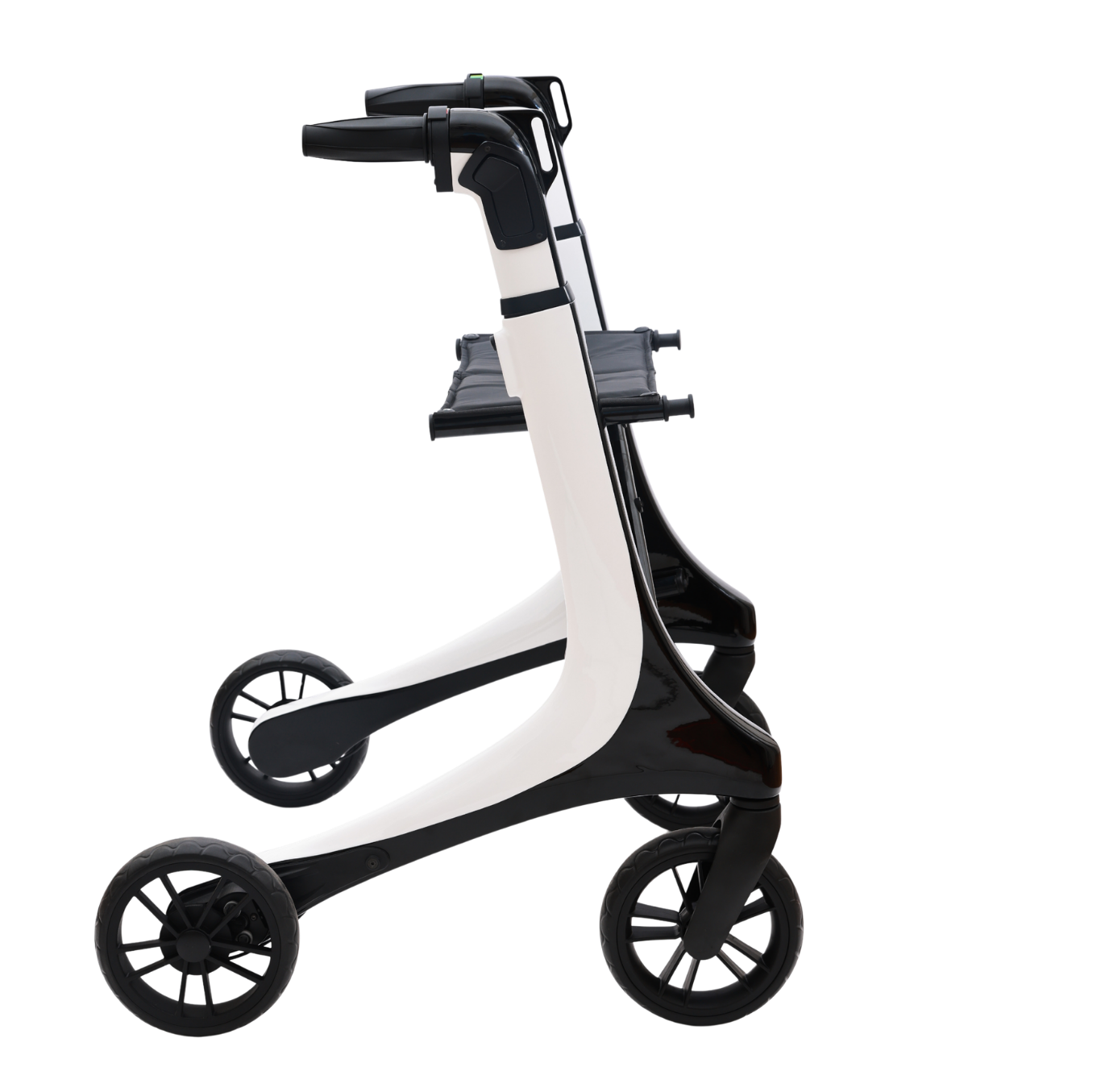 A modern, sleek black and white electric wheelchair with three large wheels and a cushioned seat.