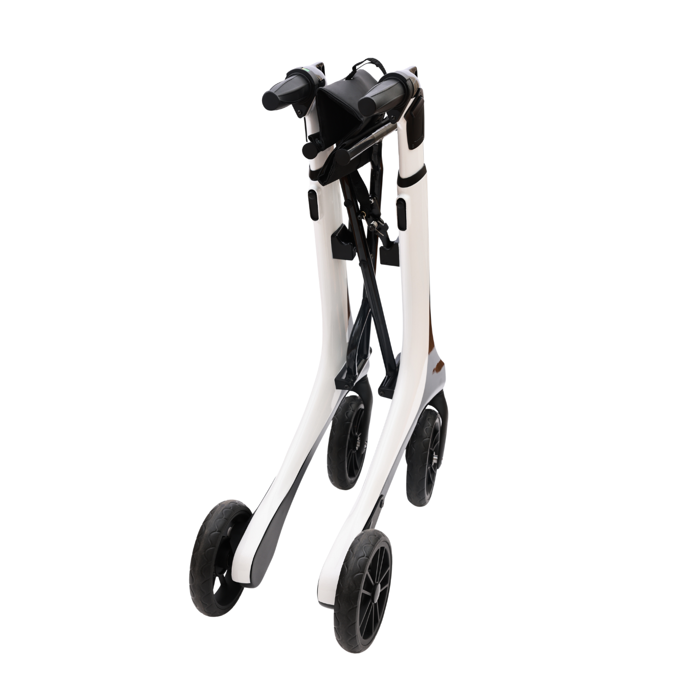 Folded white and black electric scooter with large wheels
