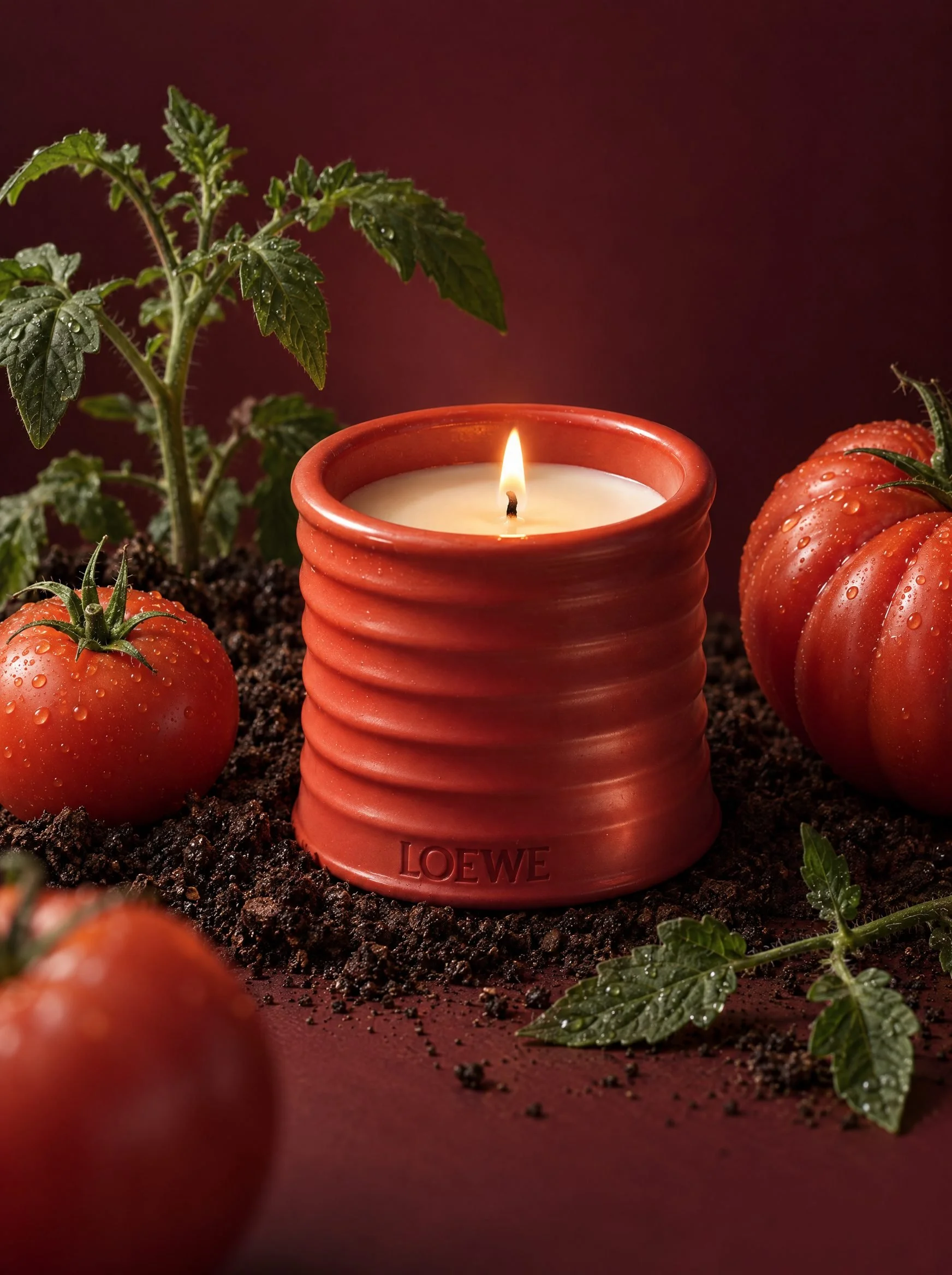 Lit red ribbed LOEWE candle in soil among tomatoes and vines