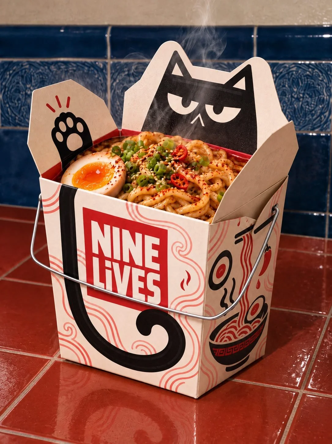 Nine Lives takeout box with cat-ear flaps