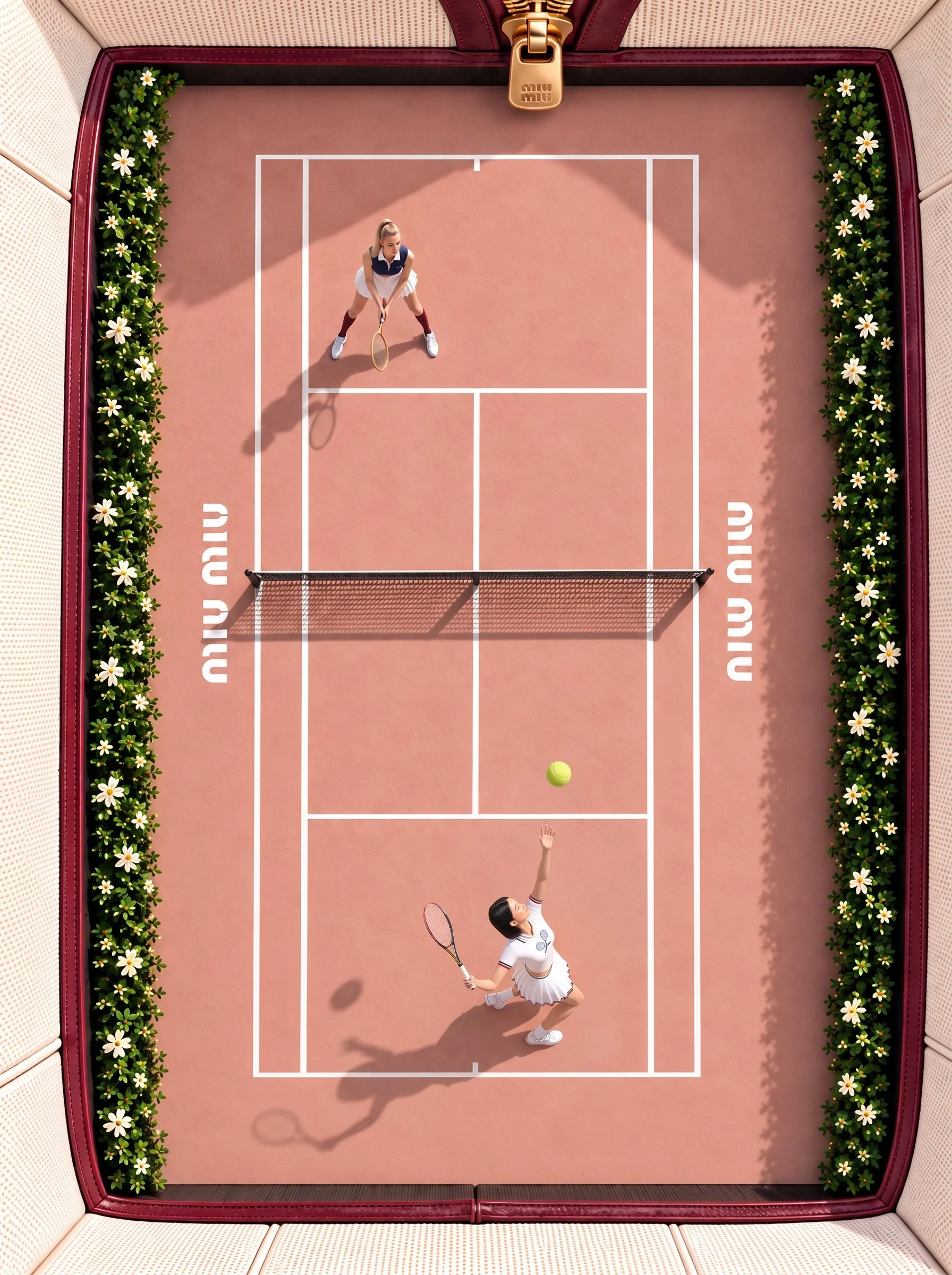 Overhead view of a pink tennis court framed like a bag