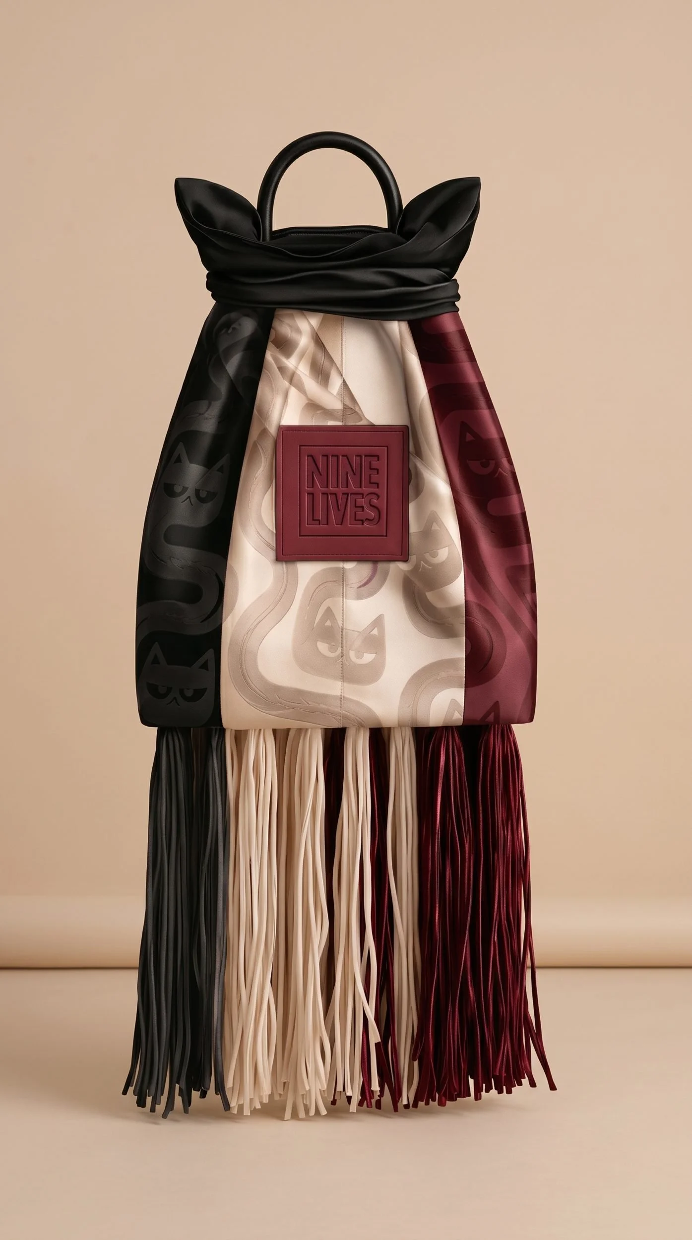 Satin drawstring bag with cat ears, a cat-tail pattern and noodle fringe