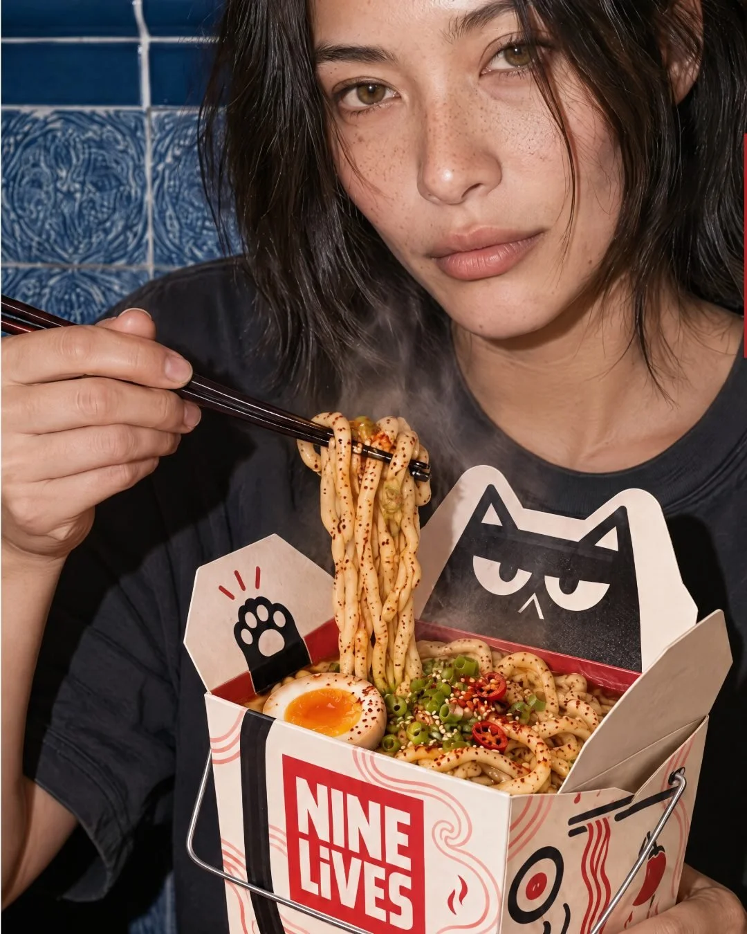 Model eating noodles from a Nine Lives takeout box