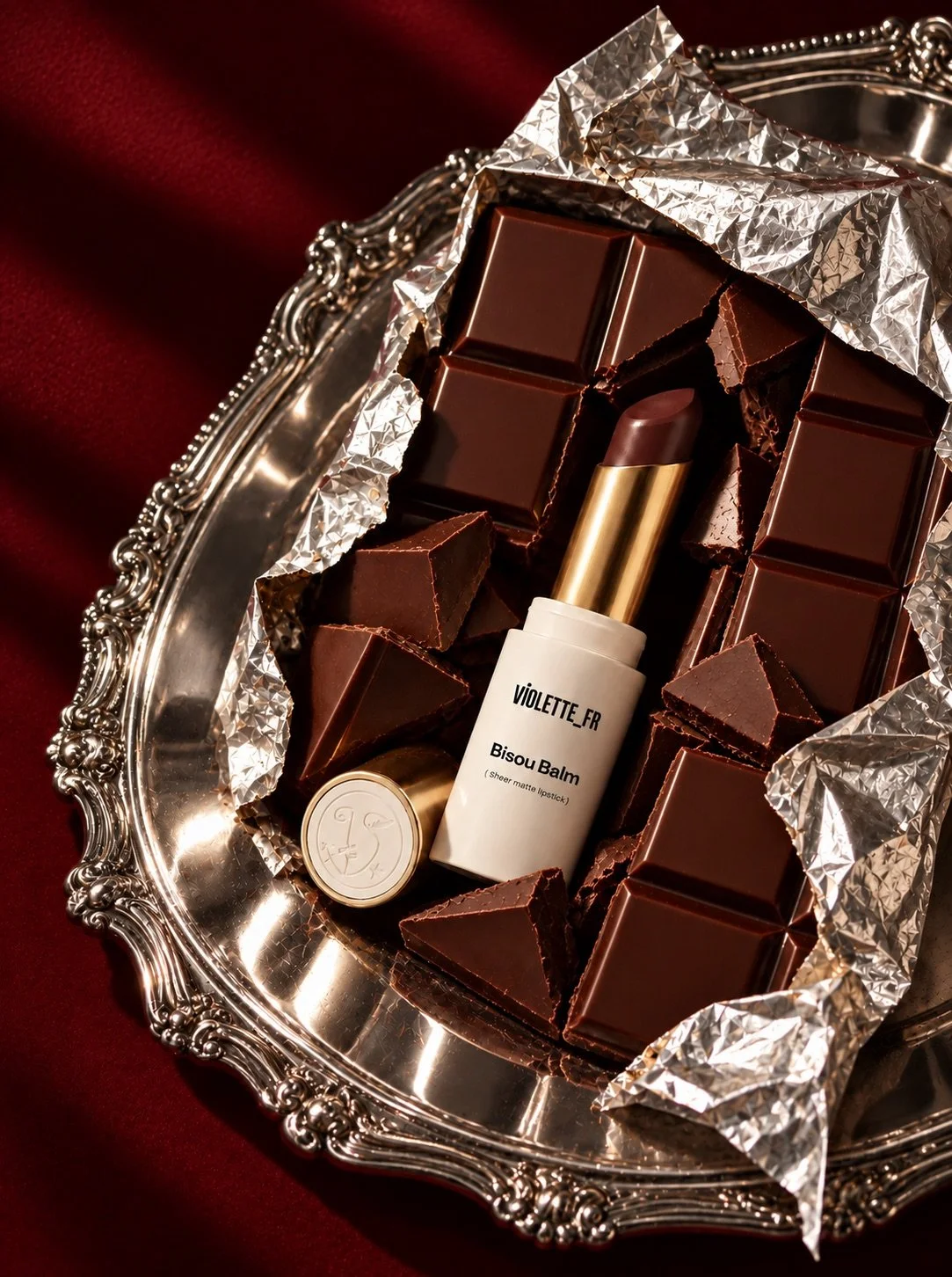 Violette_FR Bisou Balm lipstick on a silver tray of broken chocolate