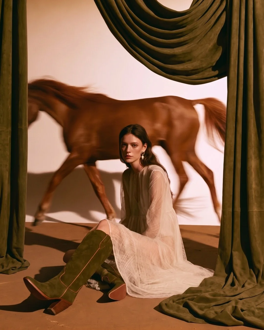 Model seated between olive velvet drapes, a horse passing behind