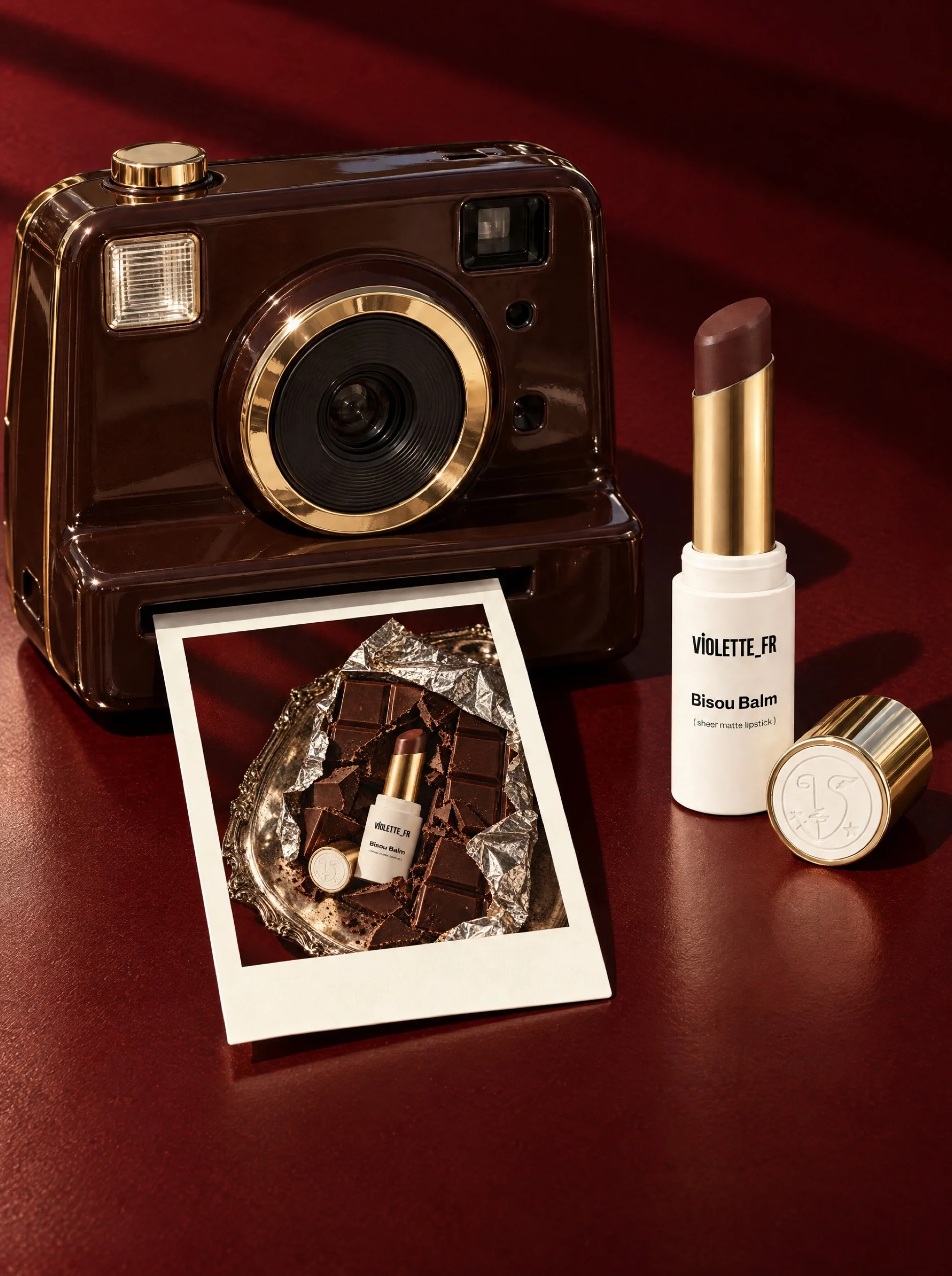 Brown instant camera printing a photo, lipstick beside it