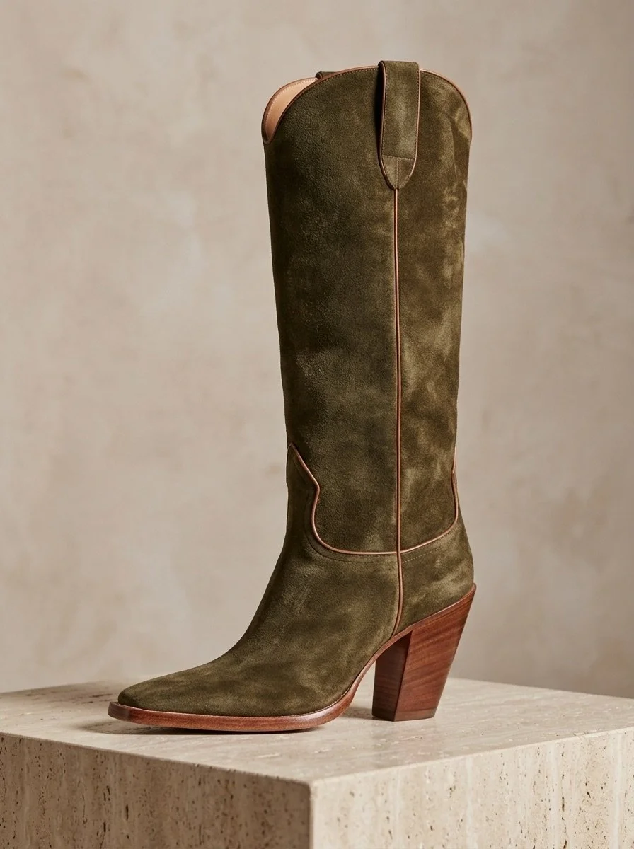 Olive suede western boot on a travertine plinth