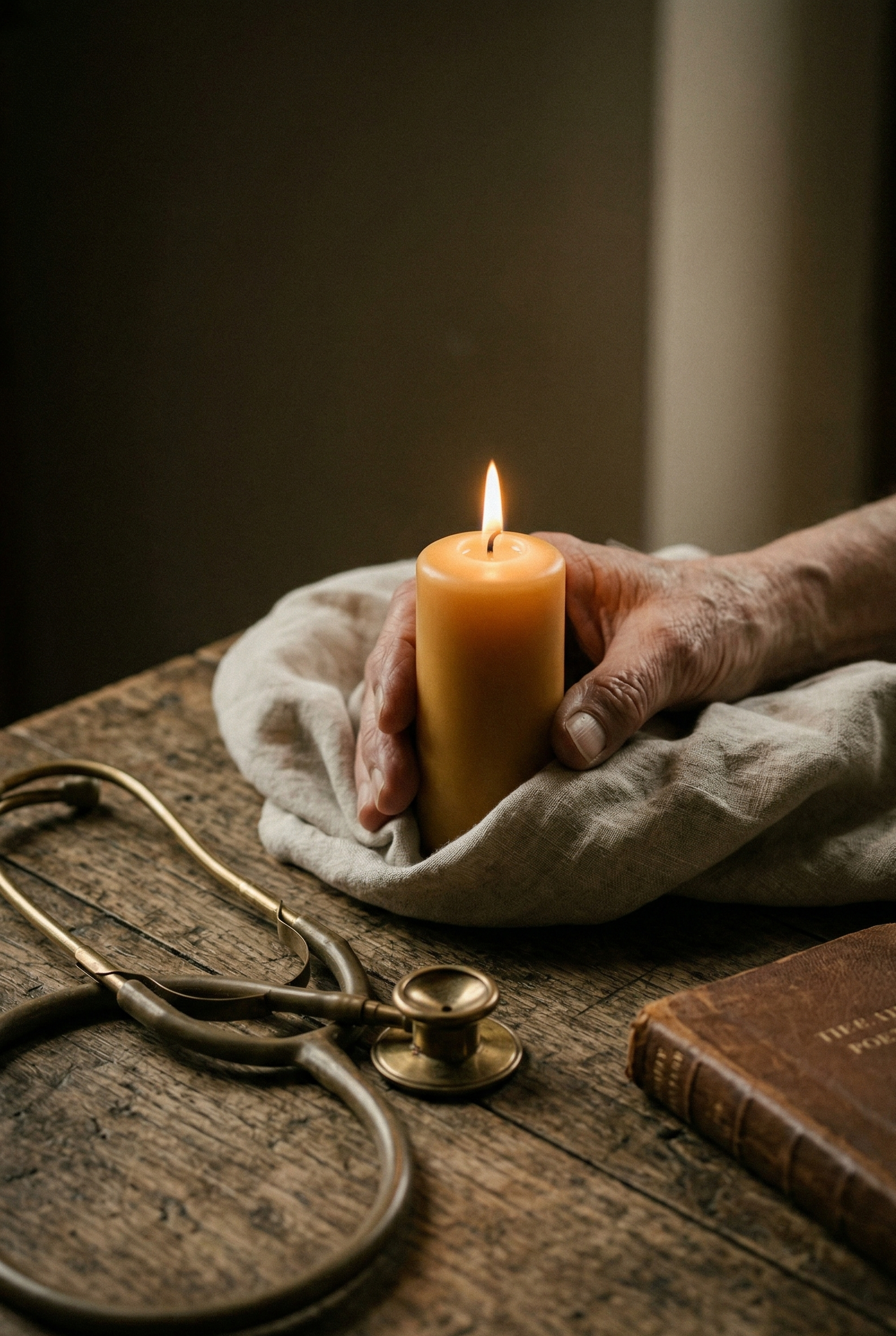 Dettaglio simbolico di una candela accesa tenuta con cura, un antico stetoscopio in ottone e un libro di poesie su un tavolo in legno: rappresenta l'integrazione tra competenza clinica in cure palliative e supporto narrativo nel fine vita.