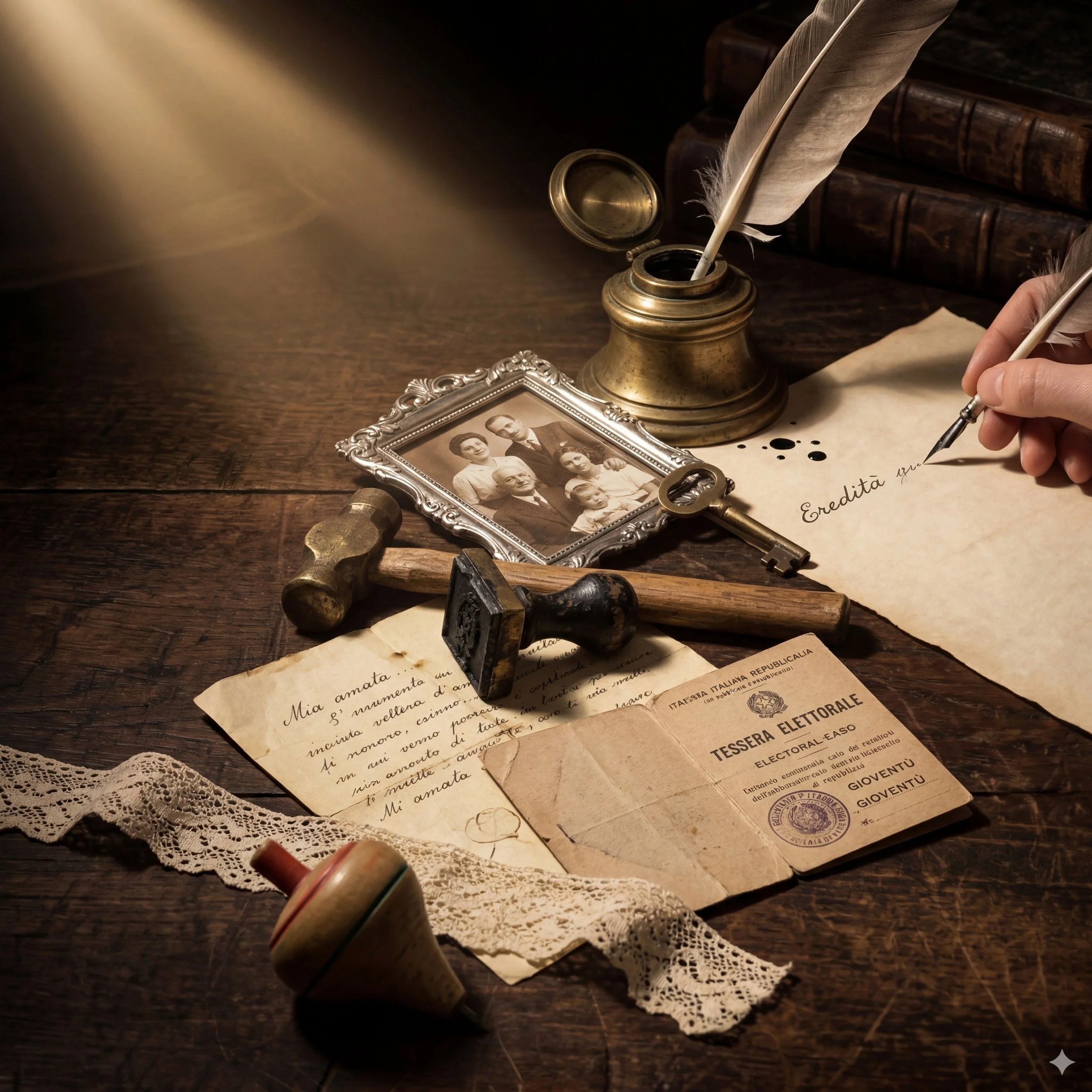 Foto di un tavolo con documenti antichi, una foto in cornice, una chiave, due timbri, una penna stilografica e un calamaio, con un manoscritto scritto a mano e una tessera elettorale italiana.