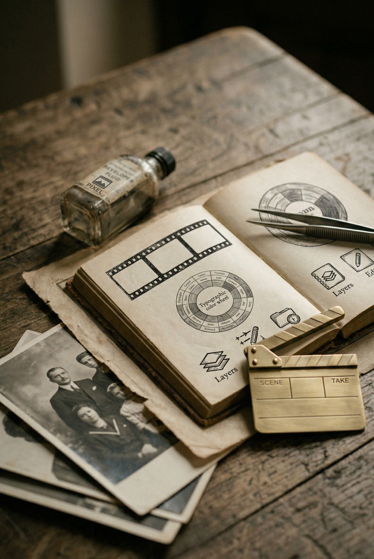 Lente d'ingrandimento d'epoca su mappe storiche e pellicole cinematografiche: rappresentazione della ricerca d'archivio, del video editing e della grafica per il progetto di storytelling biografico L'Eco del Tempo.