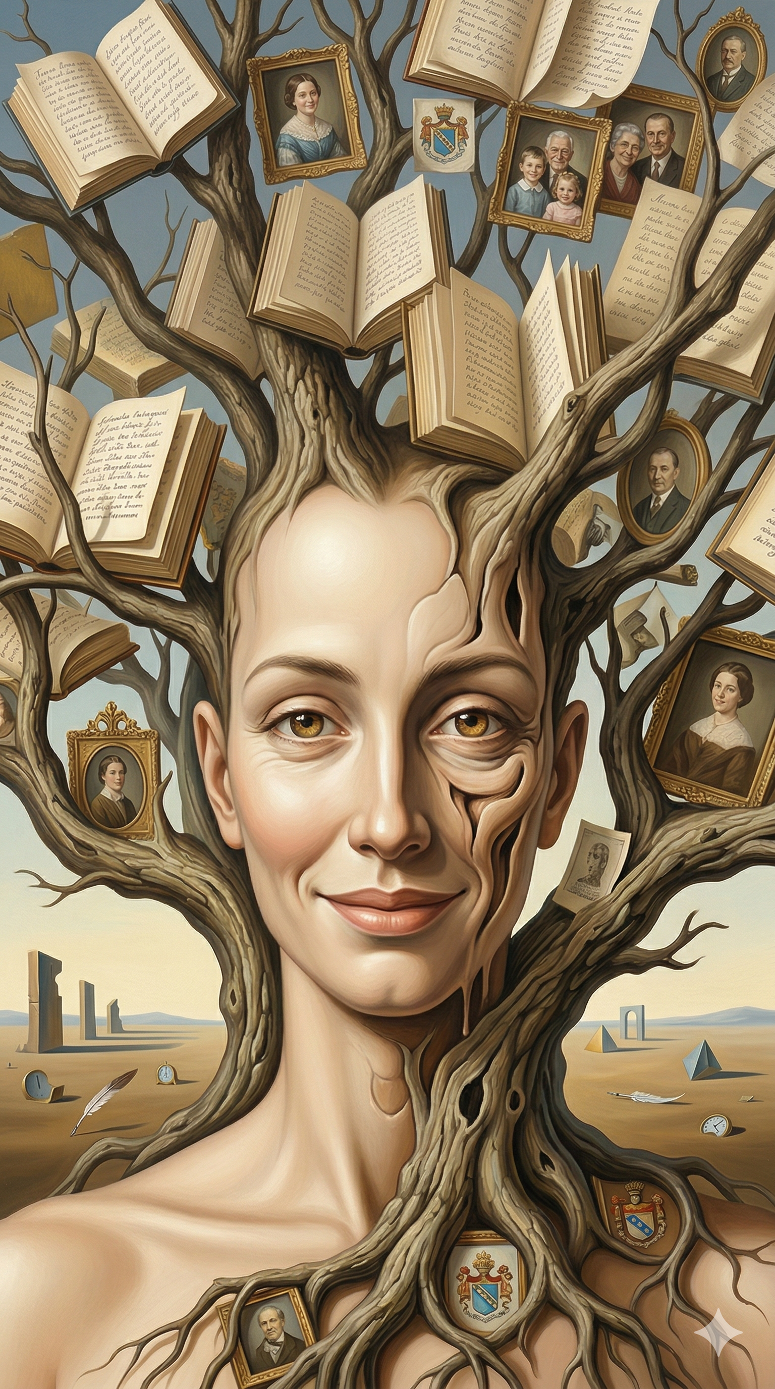Una donna con capelli che si transformano in rami di un albero con libri e ritratti di personaggi storici appesi ai rami. Lo sfondo è un paesaggio deserto con orologi, archi e altra arte surrealista.