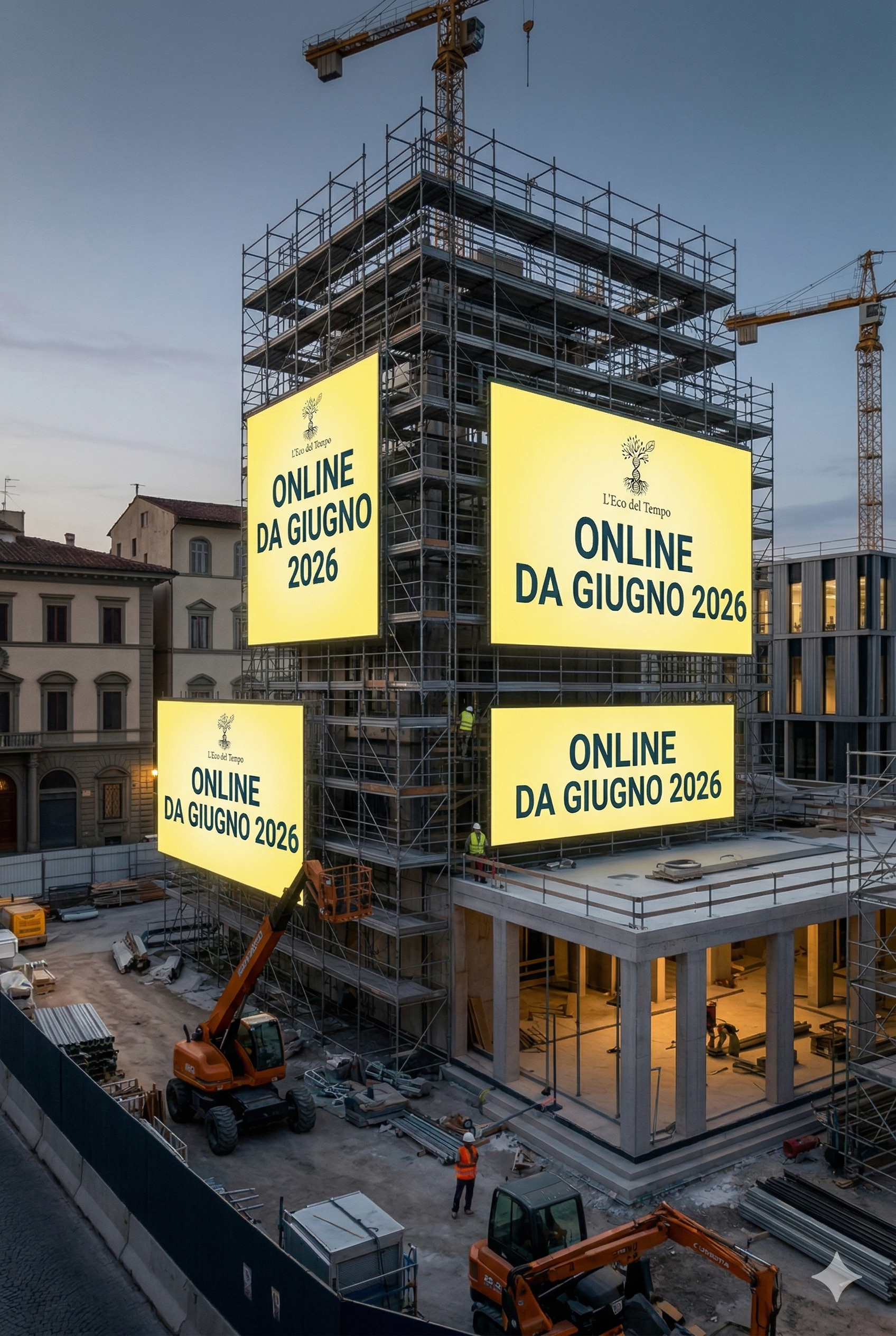 Un edificio in costruzione con grandi cartelloni pubblicitari gialli che dicono 'ONLINE DA GIUGNO 2026 indicante il lancio del canale l'eco del tempo. Ci sono gru e uomini con caschi sulla scena.