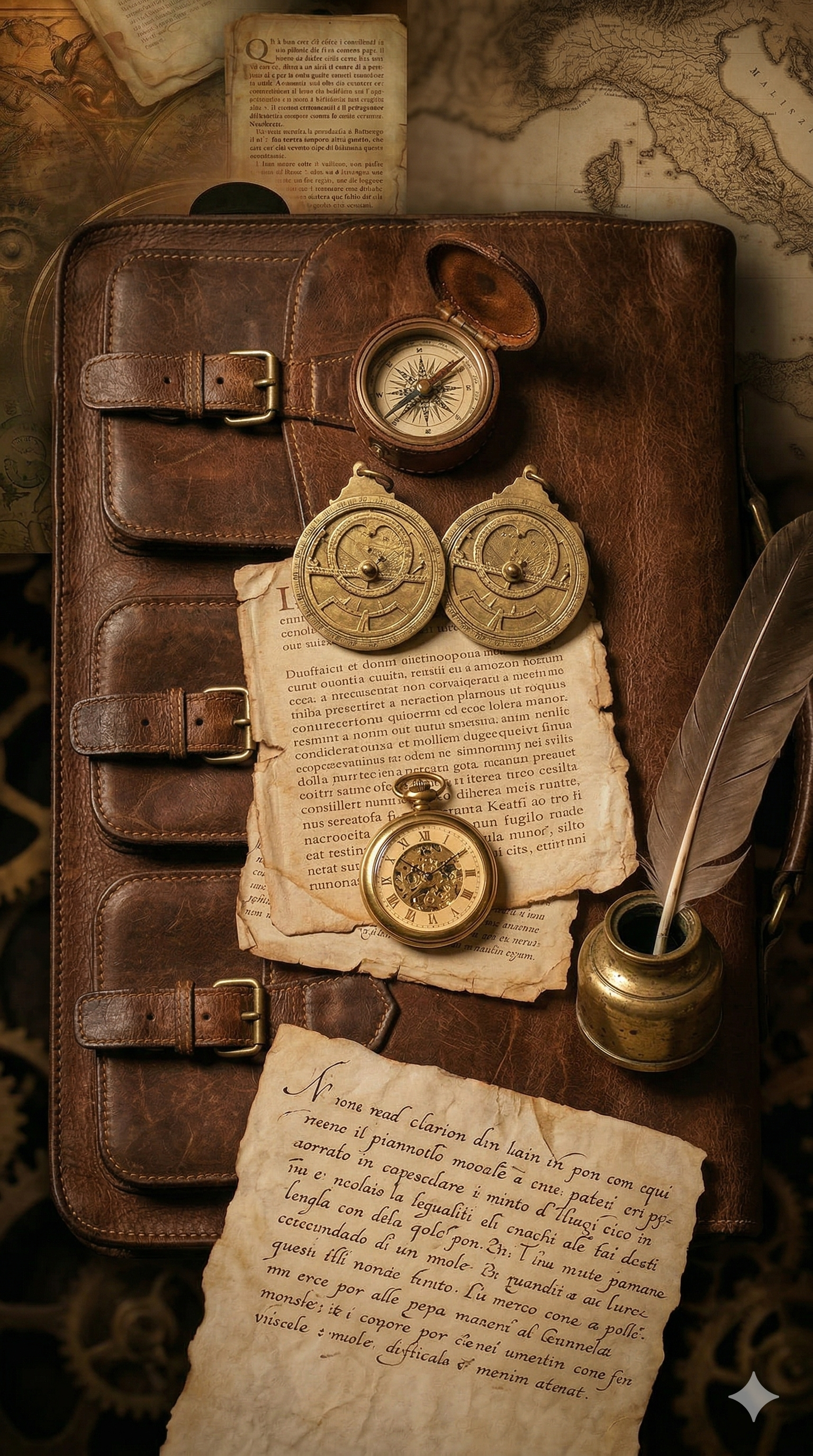 Una scrivania di pelle marrone con un antico cacciavite, due orologi antichi, una penna e alcune vecchie pergamene in argento, con un mappamondo e una mappa antica sullo sfondo.