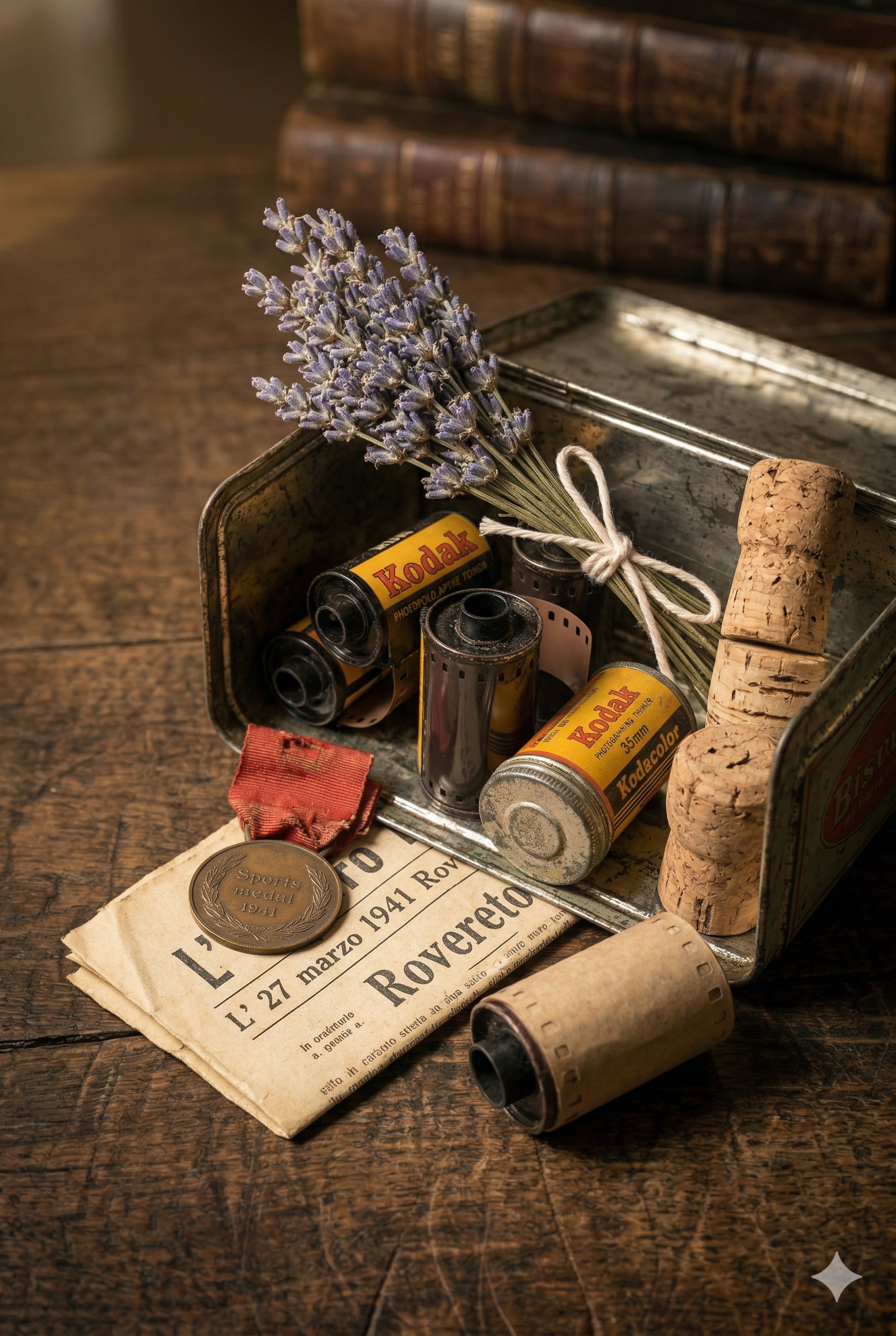 Un barattolo di lavanda, alcune bottiglie di pellicole Kodak, un rotolo di film, un dado di sughero, una medaglia e una pagina di giornale antico.