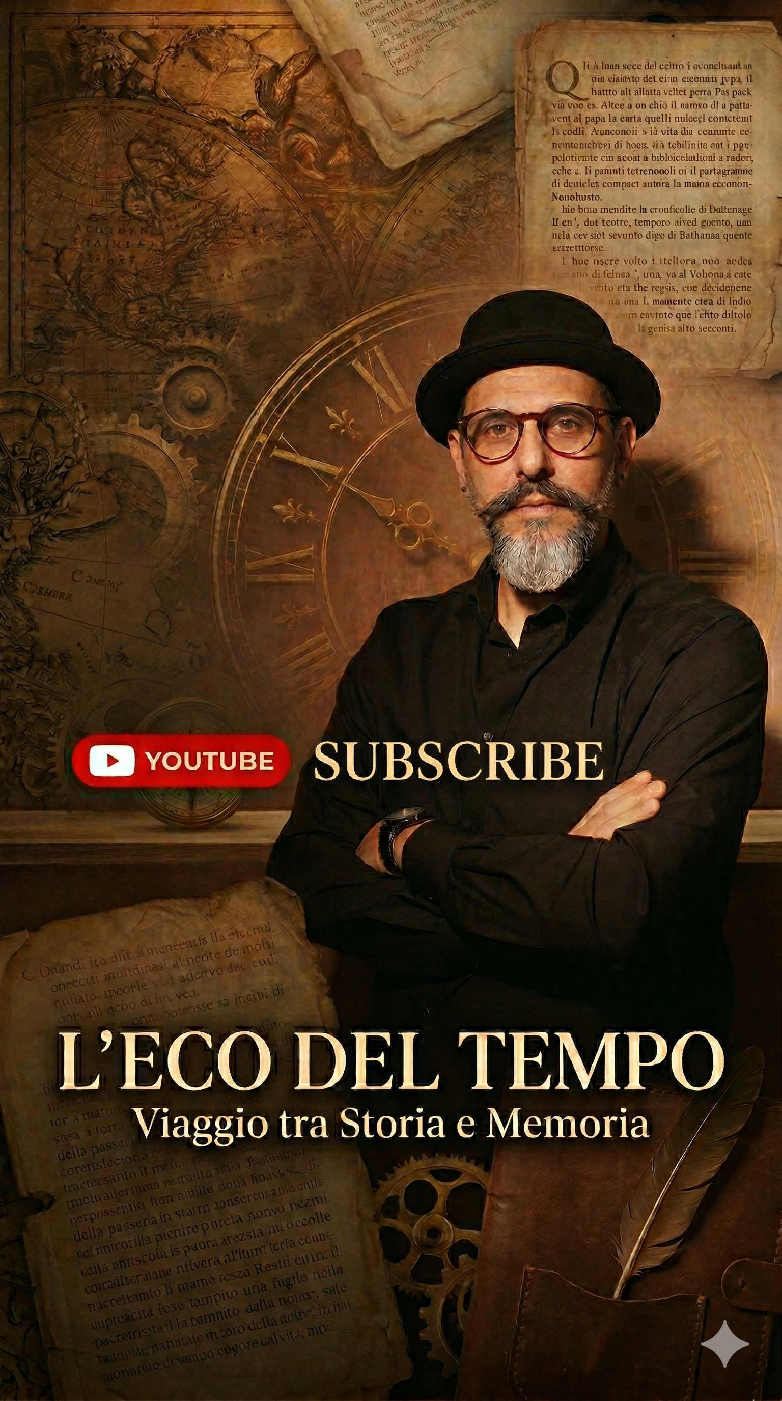 Ritratto di Emmanuele Speziale, curatore del canale YouTube L'Eco del Tempo, con cappello e occhiali. Sullo sfondo, un collage simbolico di orologi antichi, mappe vintage e pergamene storiche, rappresentazione dei temi di storia e memoria trattati.
