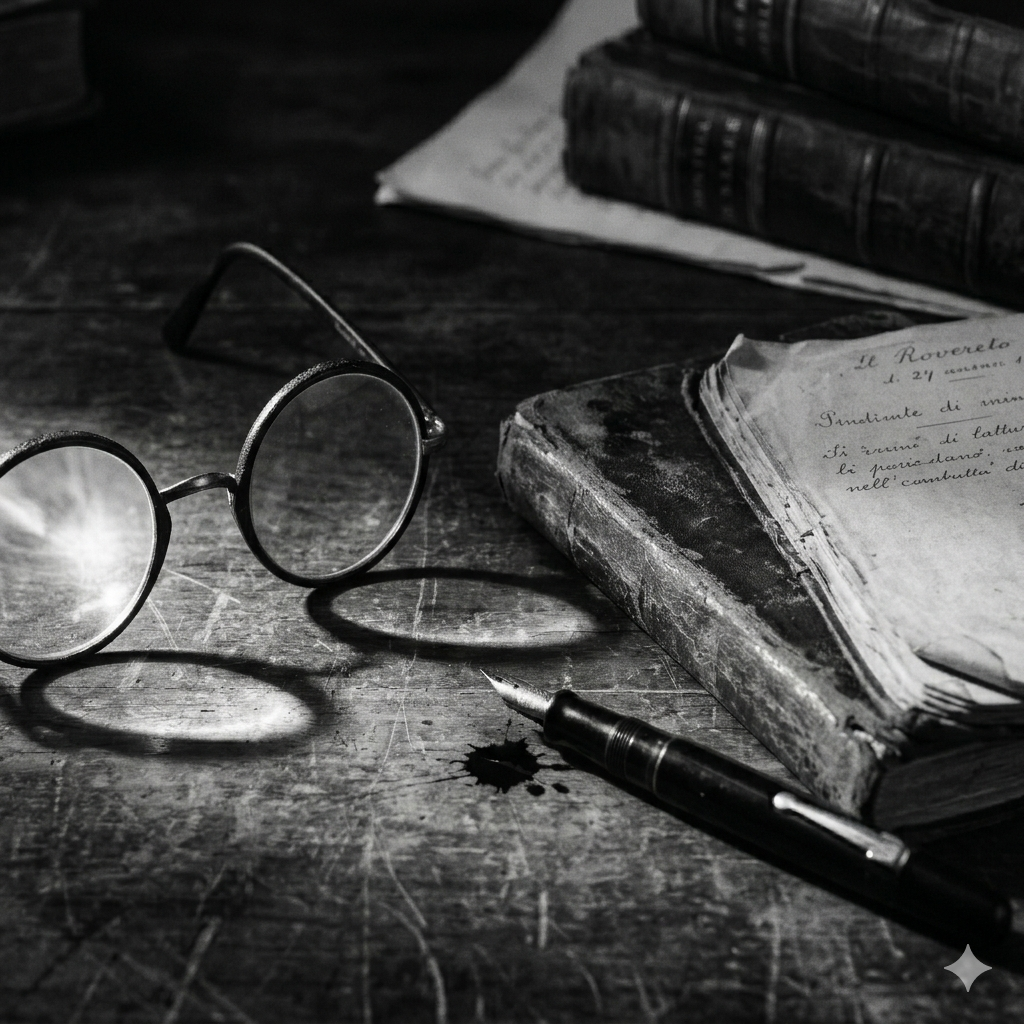 L'immagine mostra una scrivania di legno con un paio di occhiali rotondi, un pennino, un vecchio libro aperto e alcuni libri impilati in background, in una scena in bianco e nero.