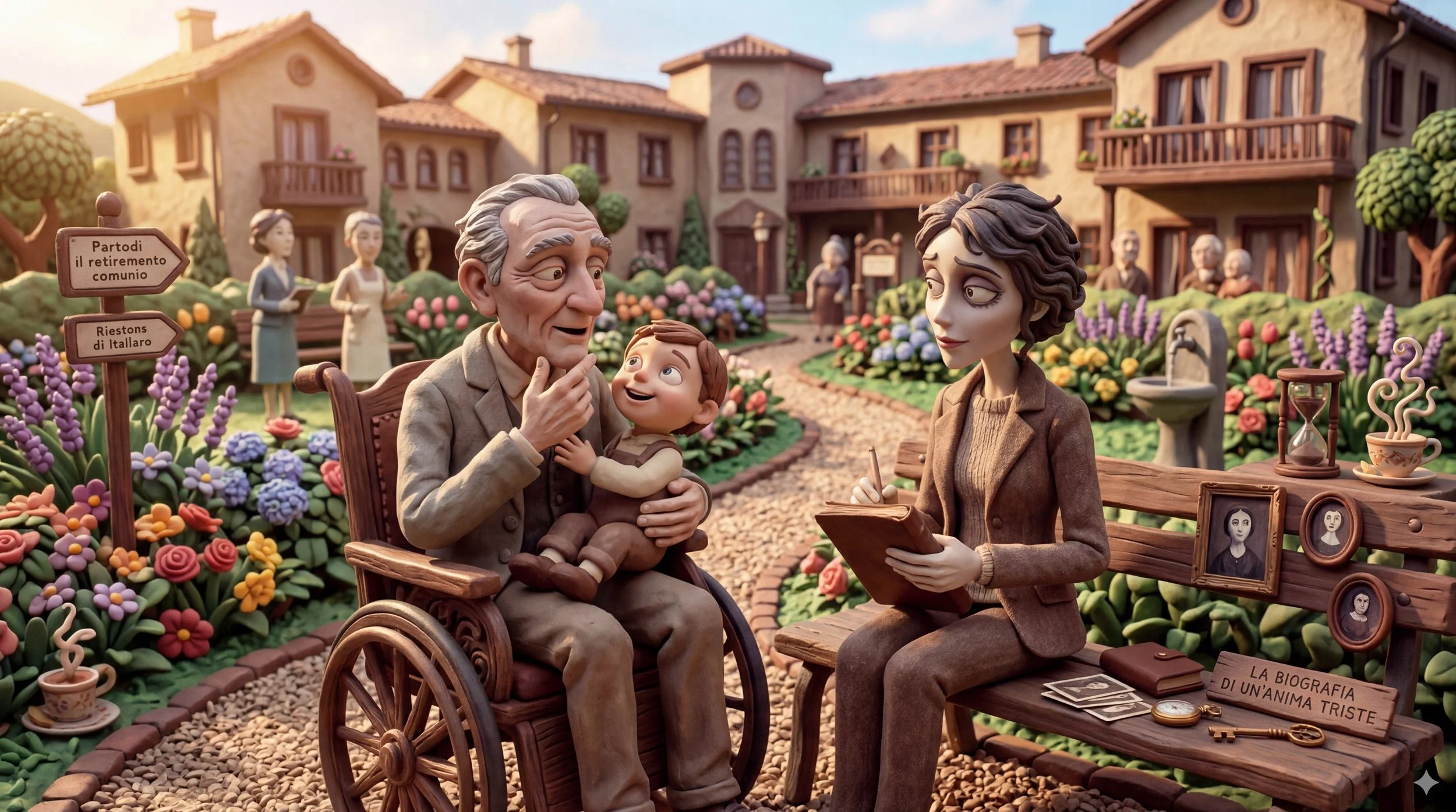 Scena di un cortile con un anziano in sedia a rotelle, un bambino che gli parla e una donna che prende appunti, con persone e case sullo sfondo, fiori e panchine.