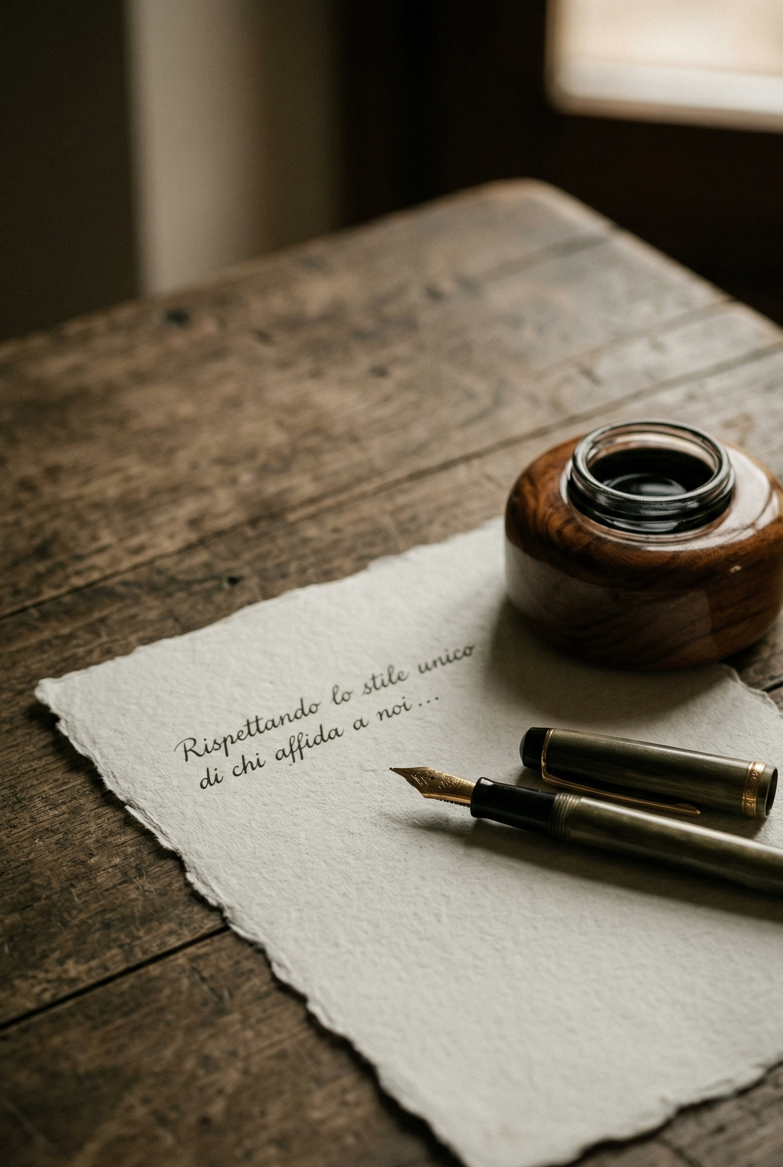 Dettaglio poetico di una penna stilografica d'epoca e un calamaio su carta artigianale con testo scritto a mano: rappresenta il lavoro di ghostwriter e scrittori nel dare forma narrativa ai ricordi familiari per L'Eco del Tempo.