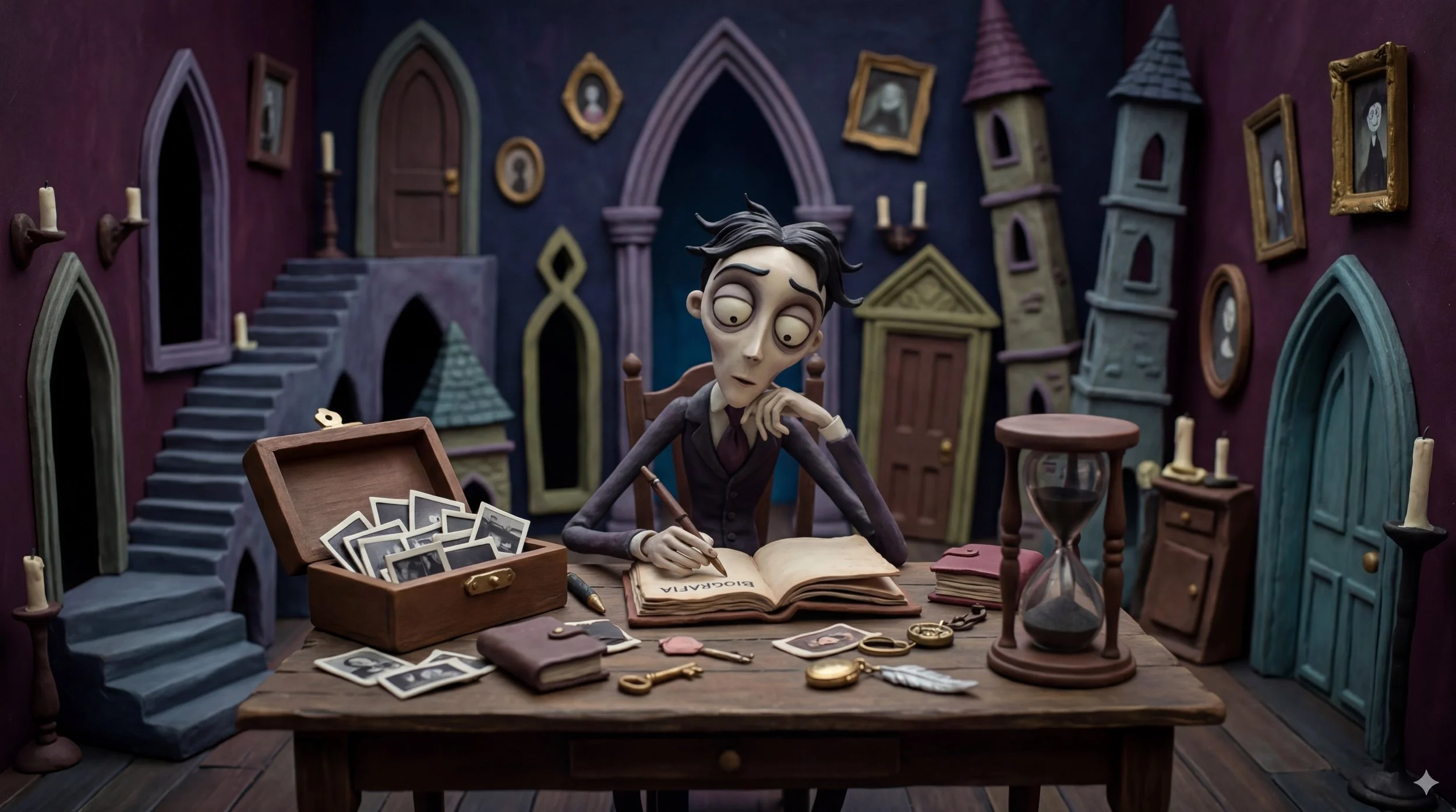 Un personaggio con aspetto gotico seduto a un tavolo in una stanza con pareti viola, decorata con quadri e accessori misteriosi, intenta a scrivere in un grande libro con altri oggetti come foto, chiavi, orologio a sabbia e candele