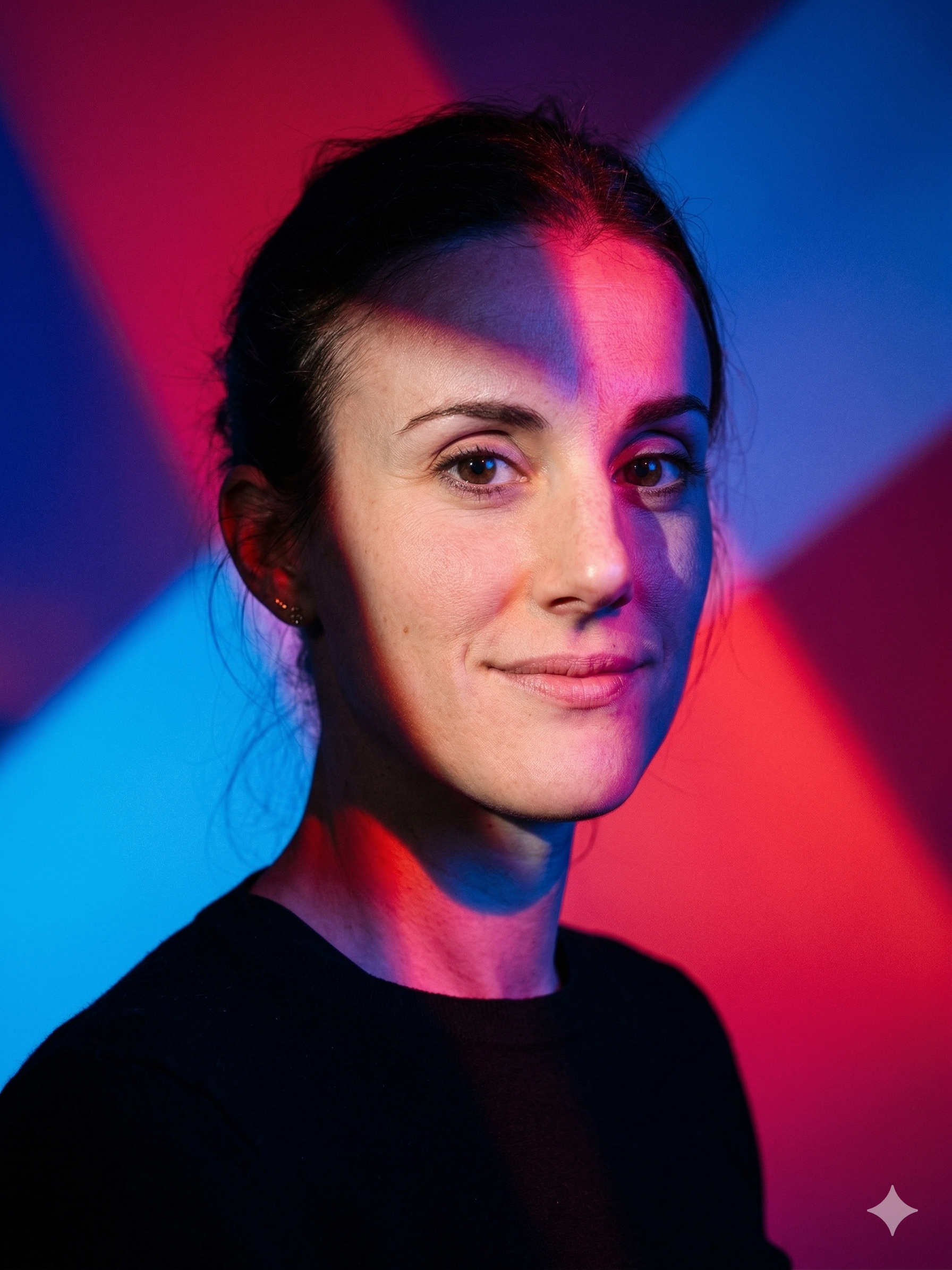 Irene Piazza con capelli raccolti, abbracciata da luci colorate rosa e blu.