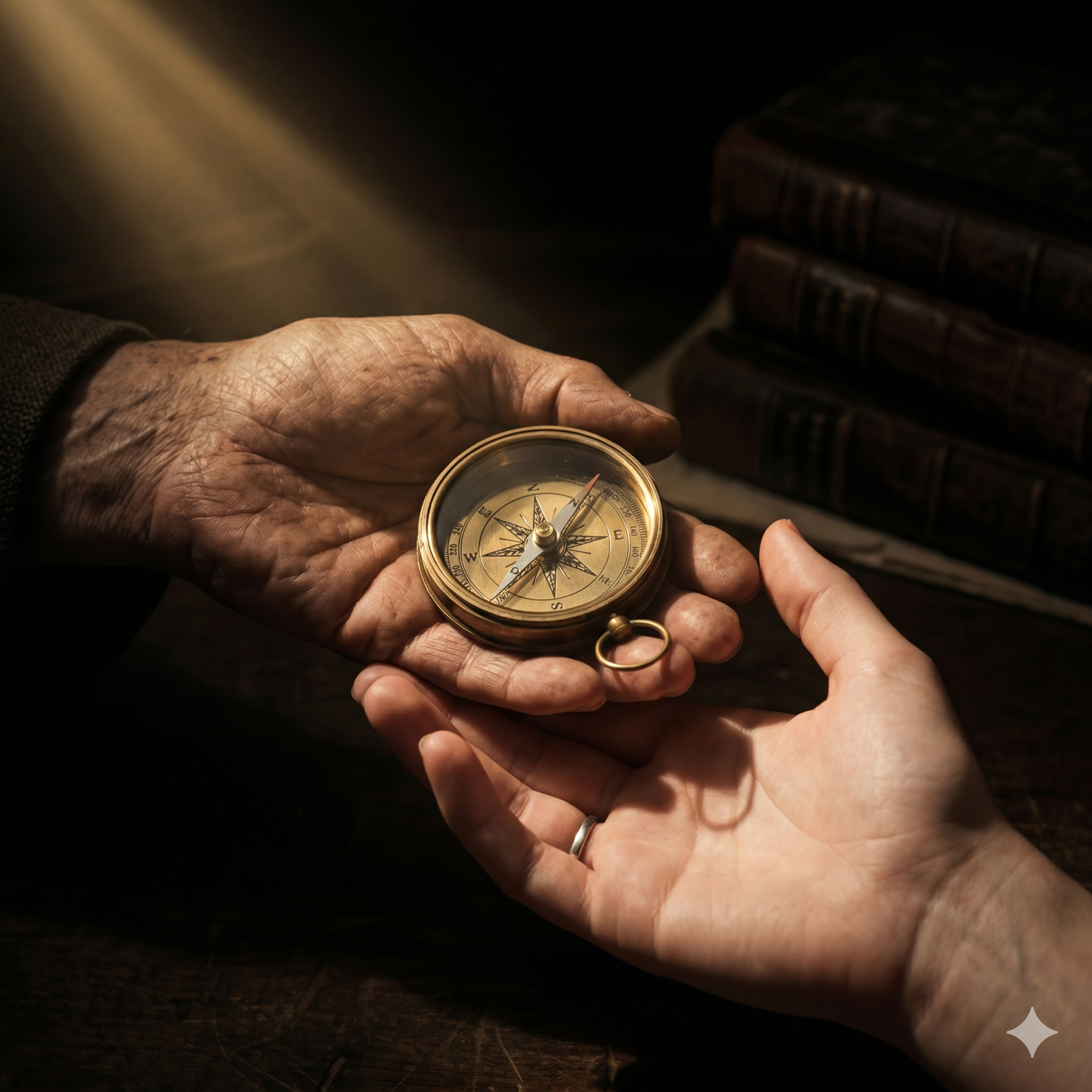 Mano anziana che riceve una bussola d'oro da un'altra mano, con libri antichi sullo sfondo.